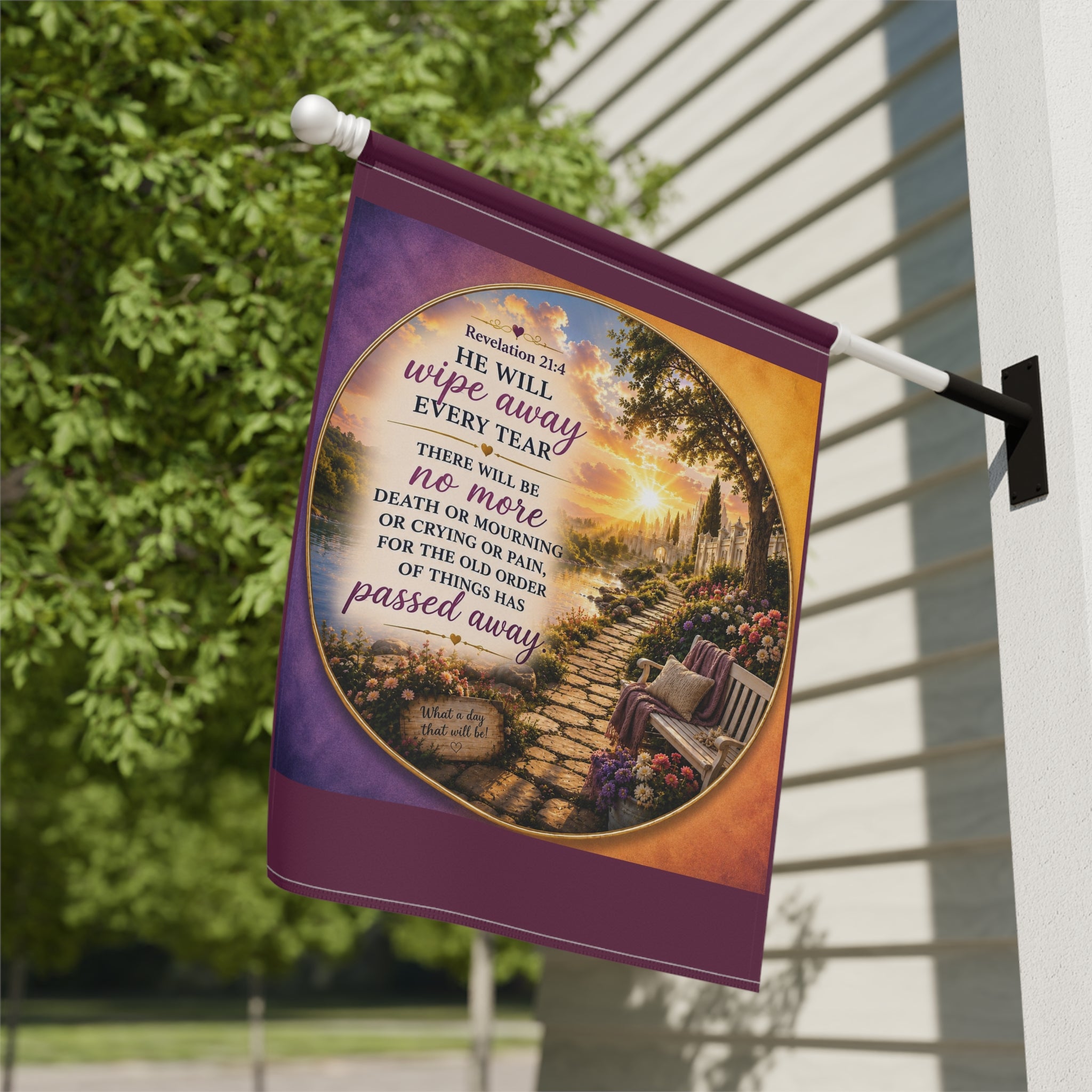 Inspirational Christian garden flag featuring a peaceful sunset garden path and bench with Revelation 21:4 scripture “He Will Wipe Away Every Tear” in warm glowing tones.