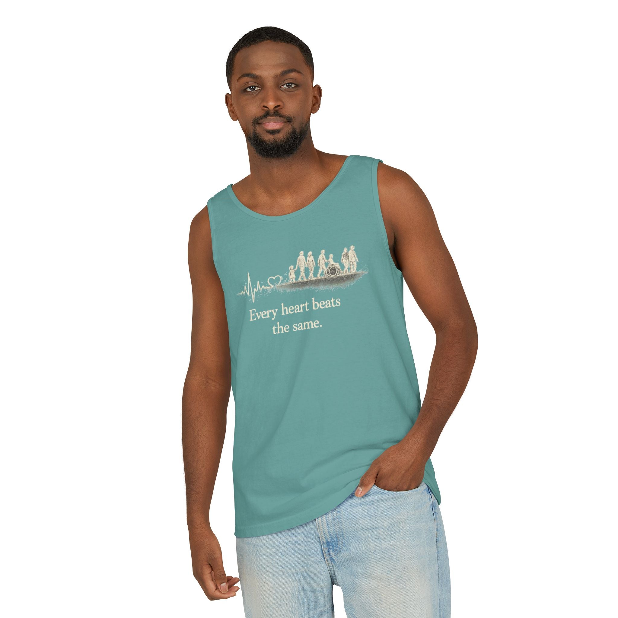 “Every Heart Beats the Same” Vintage Surf Tank Top – Garment-Dyed Coastal Unity Tank