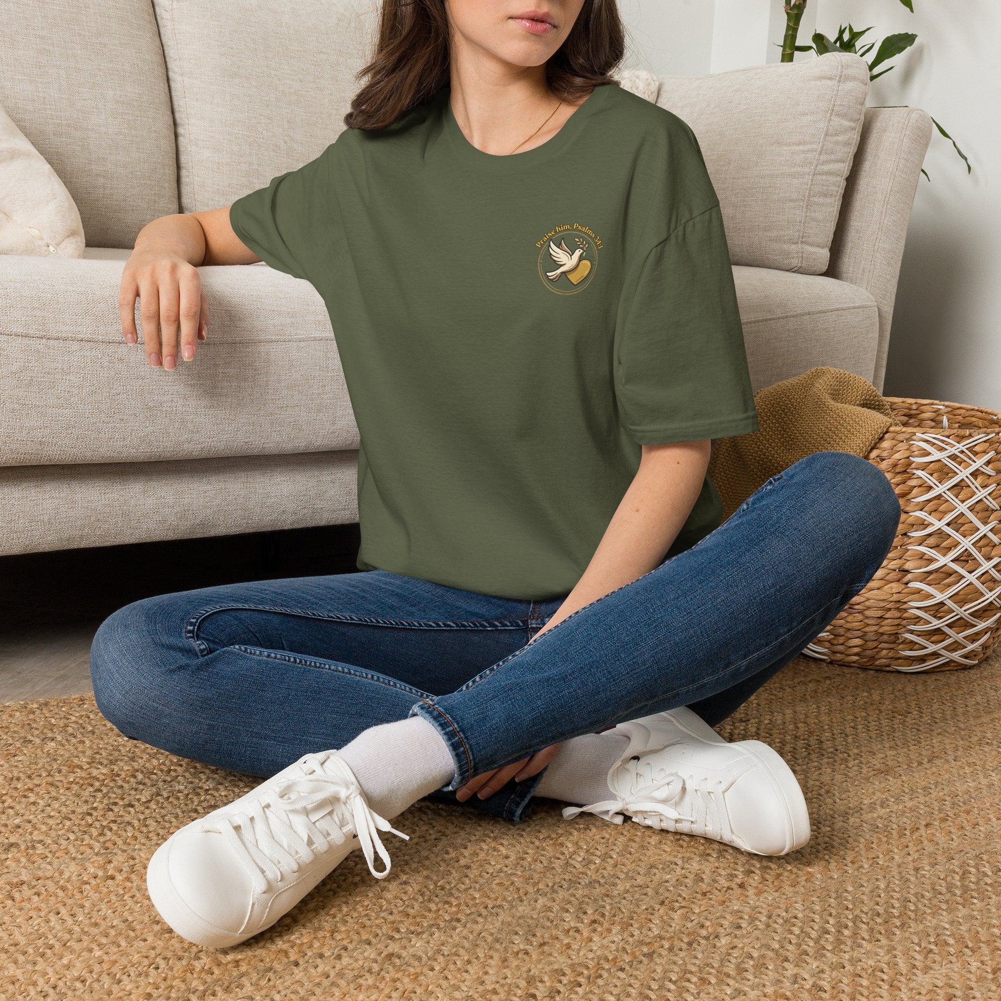 Minimalist Christian T-shirt featuring a Dove of Peace chest emblem with the words “Pray, Love, Remember” on a soft lightweight faith-inspired tee.