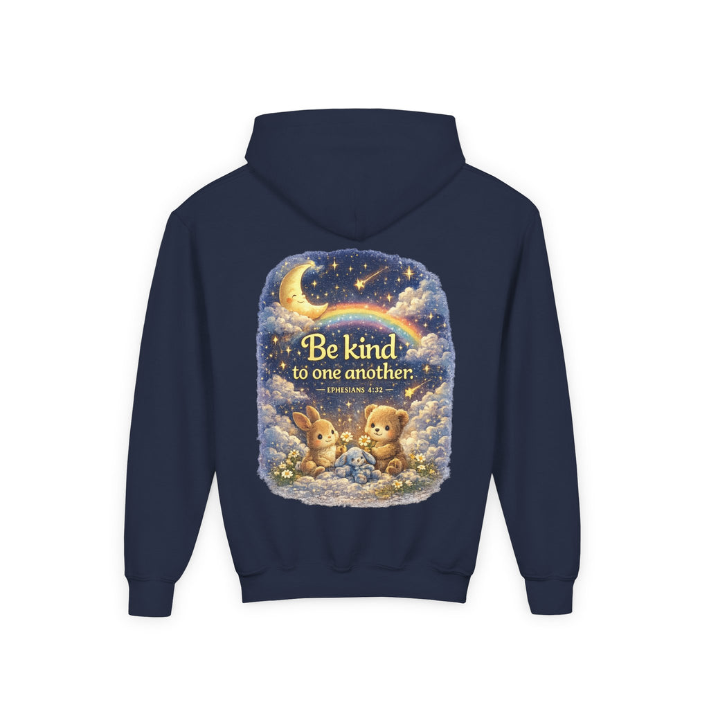 Youth “Be Kind to One Another” Hoodie – Cute Bunny Night Sky Scripture Sweatshirt