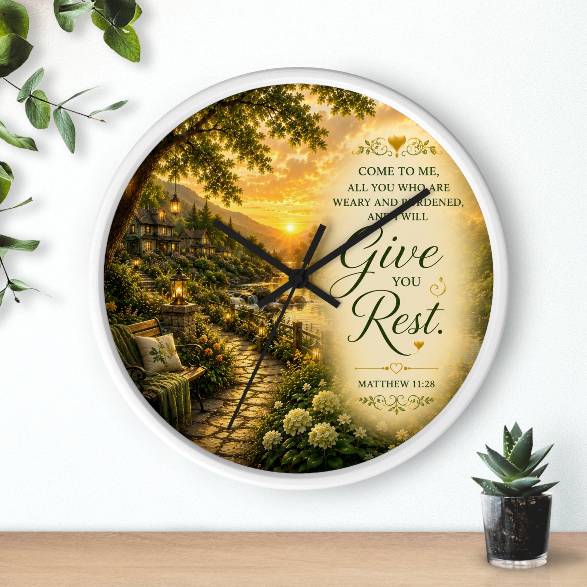 Inspirational Christian wall clock featuring a peaceful cottage garden path at sunset with Matthew 11:28 scripture inviting rest and peace.