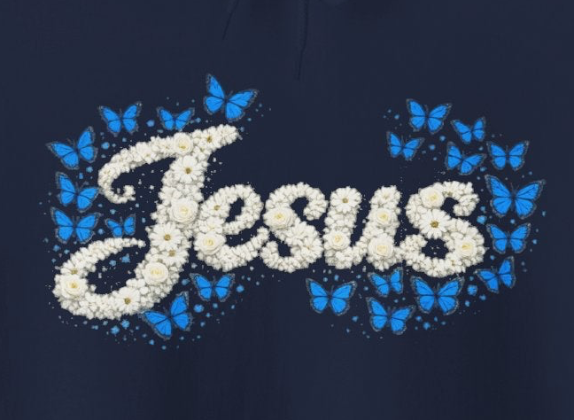 Butterfly Blossoms Hoodie – “Jesus” Floral Script Christian Pullover | Faith & Butterfly Hoodie