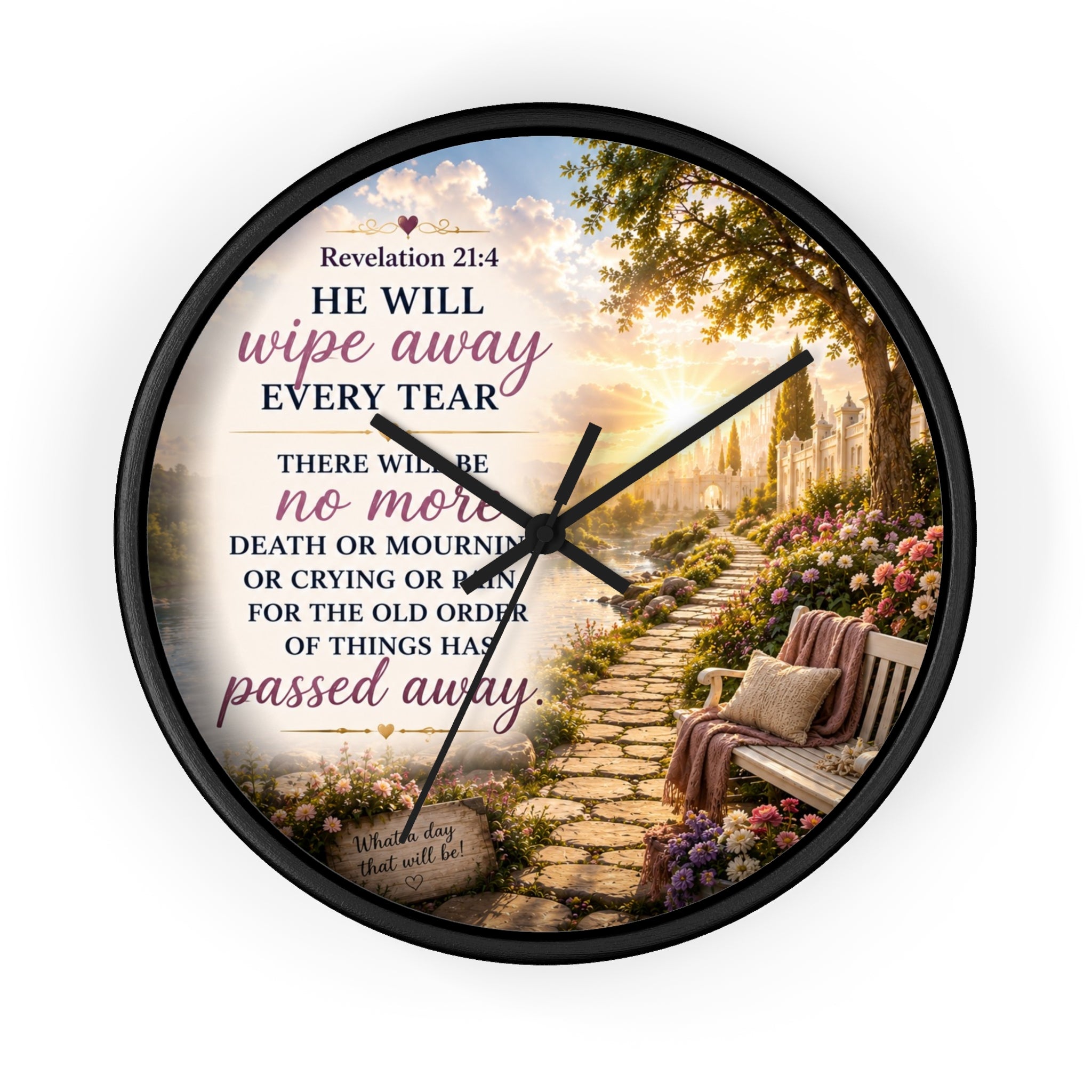 Bring peace and encouragement into your home with this Revelation 21:4 wall clock featuring a serene prayer garden scene, silent movement, and inspirational scripture artwork perfect for faith-filled spaces.