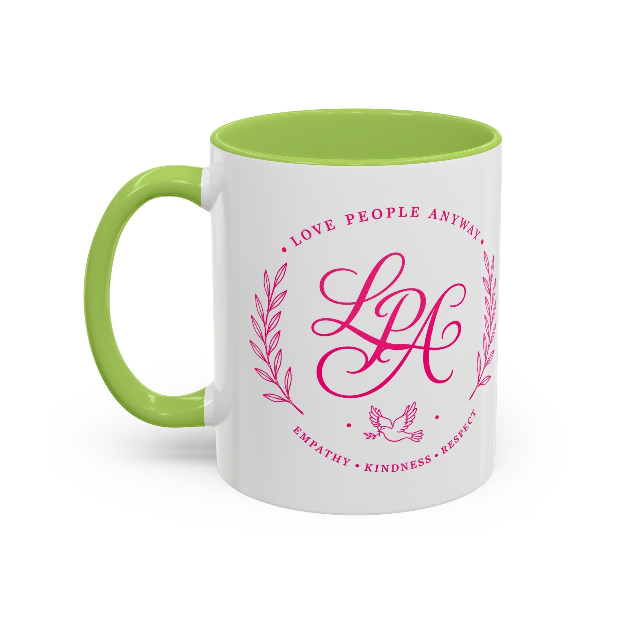 Love People Anyway Coffee Mug | Inspirational Pink Monogram Mug | Faith Freedom Creations