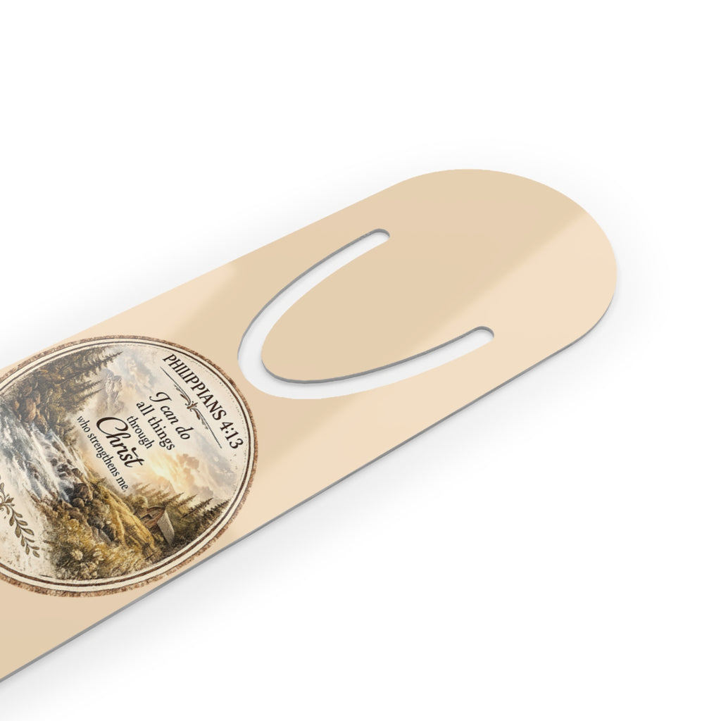 Personalized Christian aluminum bookmark featuring a peaceful dove, Philippians 4:13 scripture medallion, custom name option, brushed metal backing, and secure page-holding slot.
