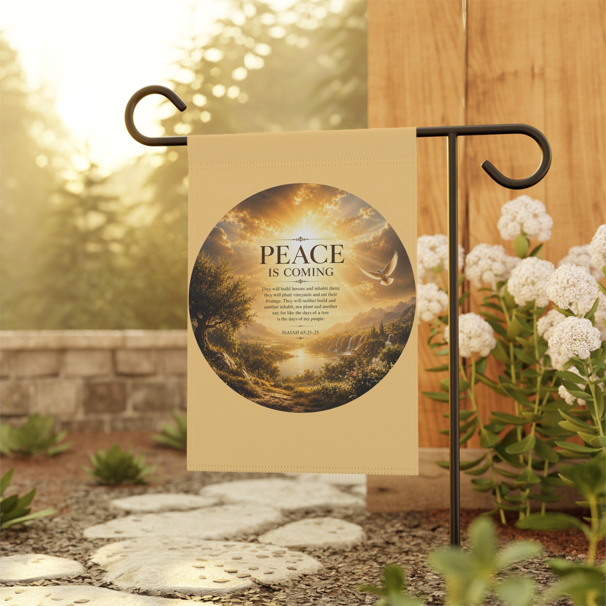 Inspirational Christian garden flag featuring a peaceful valley landscape with glowing sunset light and the phrase “Peace Is Coming” in warm calming tones.