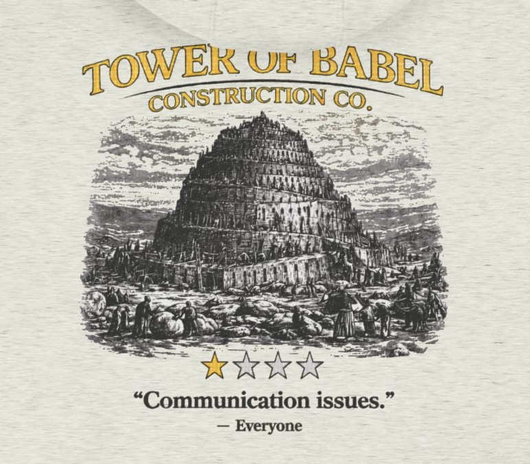 Tower of Babel – Zip Hoodie | “Communication Issues” Vintage Graphic – Five-Star Faith Series