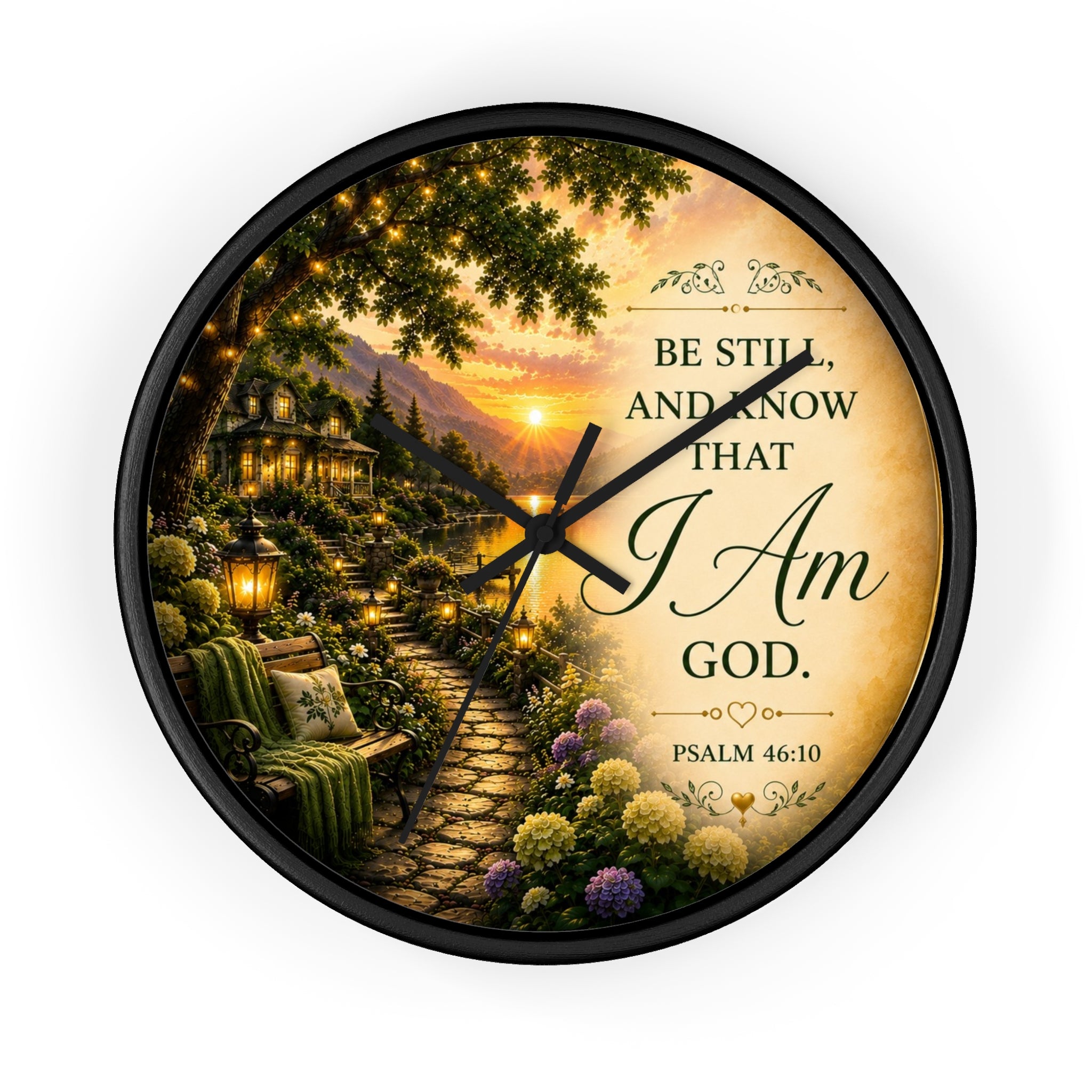 Inspirational Christian wall clock featuring a peaceful sunset garden scene with Psalm 46:10 scripture “Be Still and Know That I Am God” in warm glowing tones.