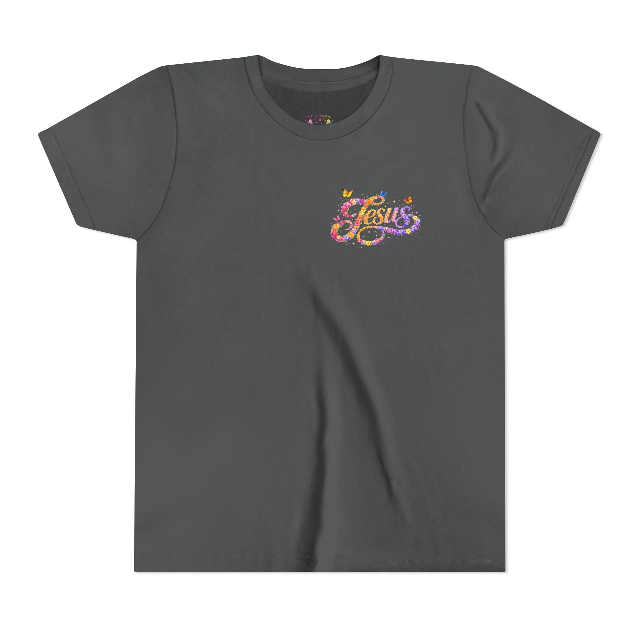 Youth Jesus Floral Script T-Shirt – Butterfly Christian Kids Tee | Faith Youth Shirt