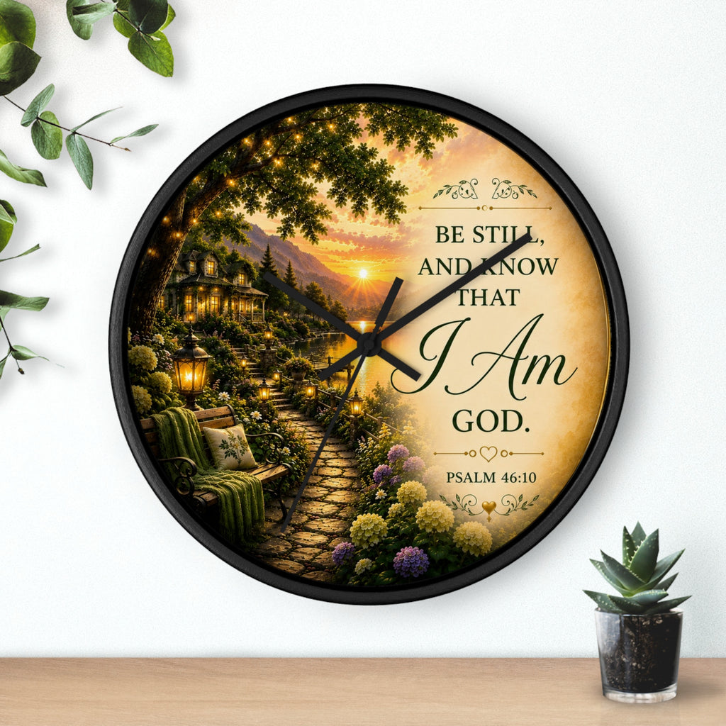 Inspirational Christian wall clock featuring a peaceful sunset garden scene with Psalm 46:10 scripture “Be Still and Know That I Am God” in warm glowing tones.