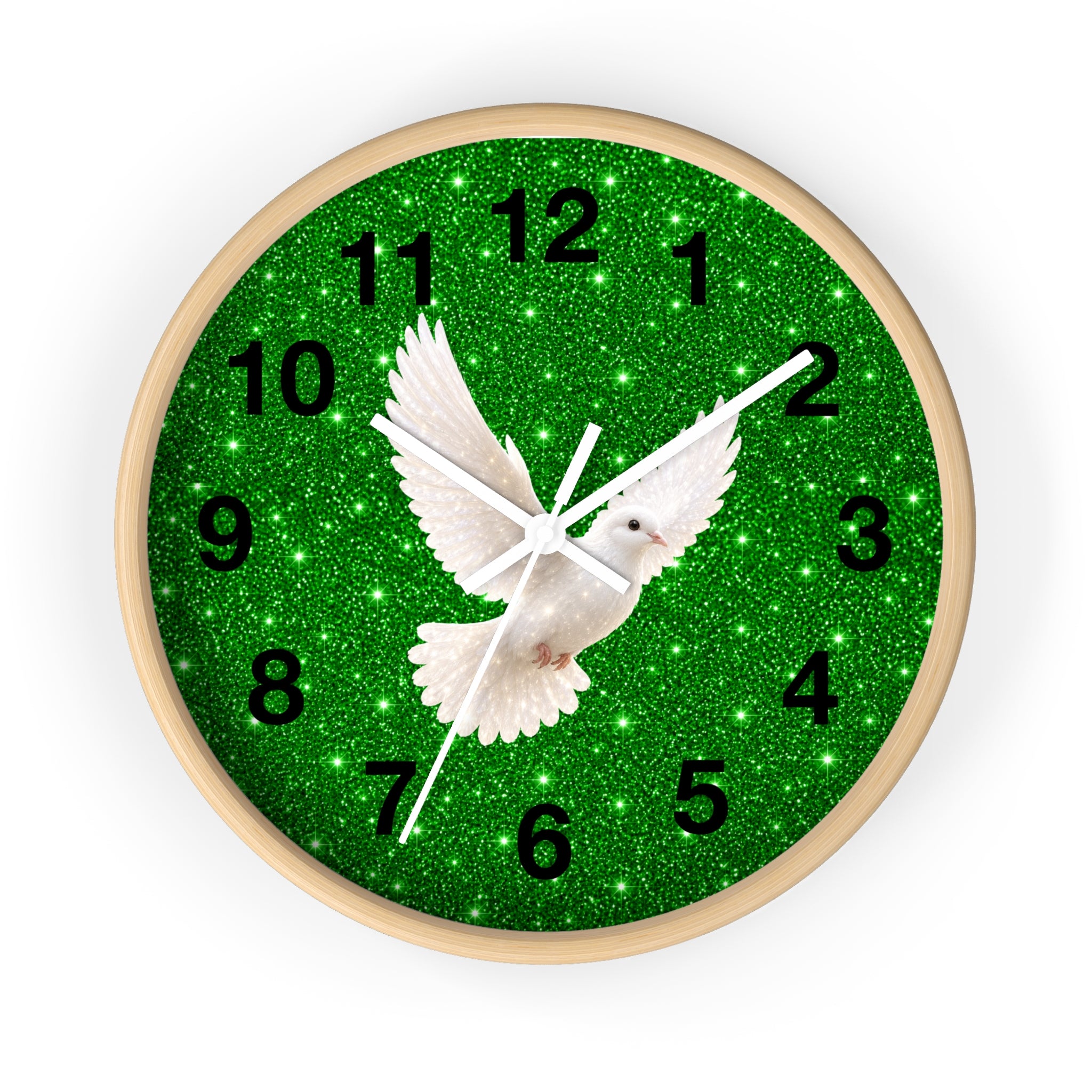A round wall clock with a light wood frame and a green glitter face featuring a white dove in flight and black numerals, shown against a plain white background.