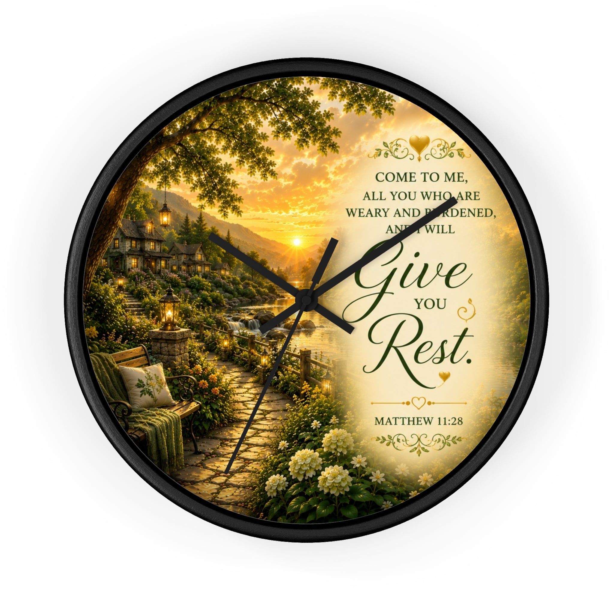 Inspirational Christian wall clock featuring a peaceful cottage garden path at sunset with Matthew 11:28 scripture inviting rest and peace.