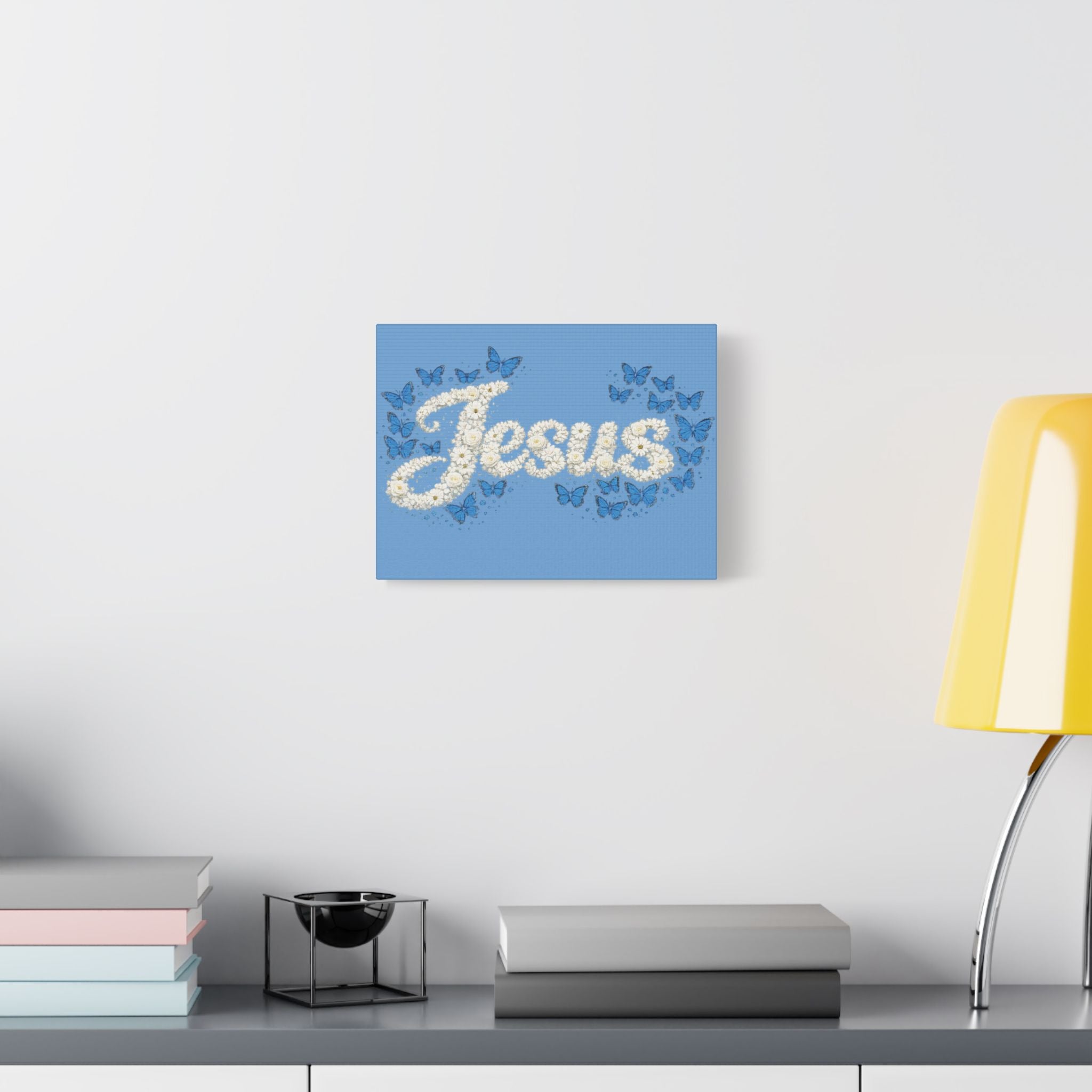Jesus Floral Blue Butterfly Canvas Wall Art – Christian Satin Faith Print | Inspirational Home Decor