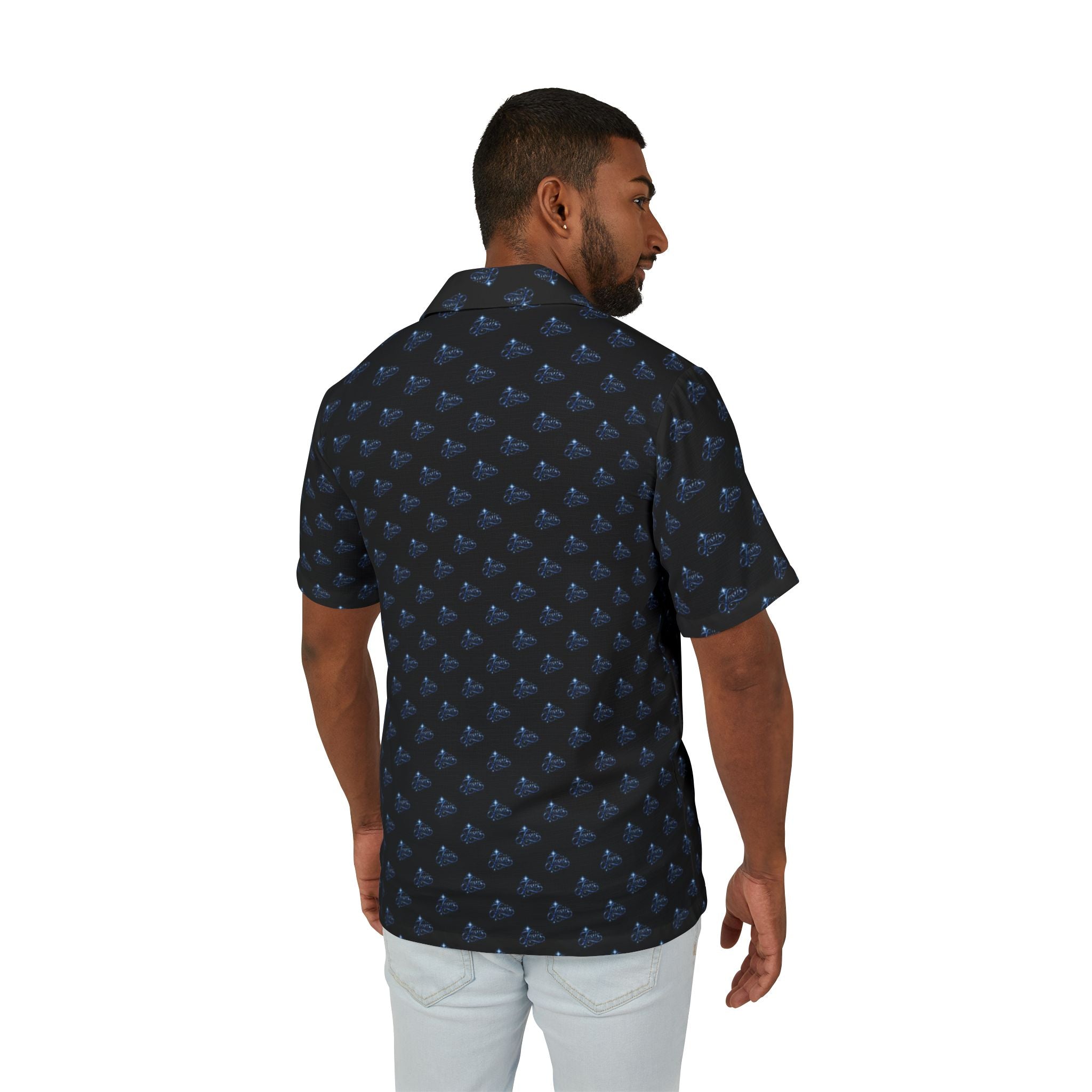 'Jesus' Navy Tropical Hawaiian Camp Shirt — Small Blue Wave Print