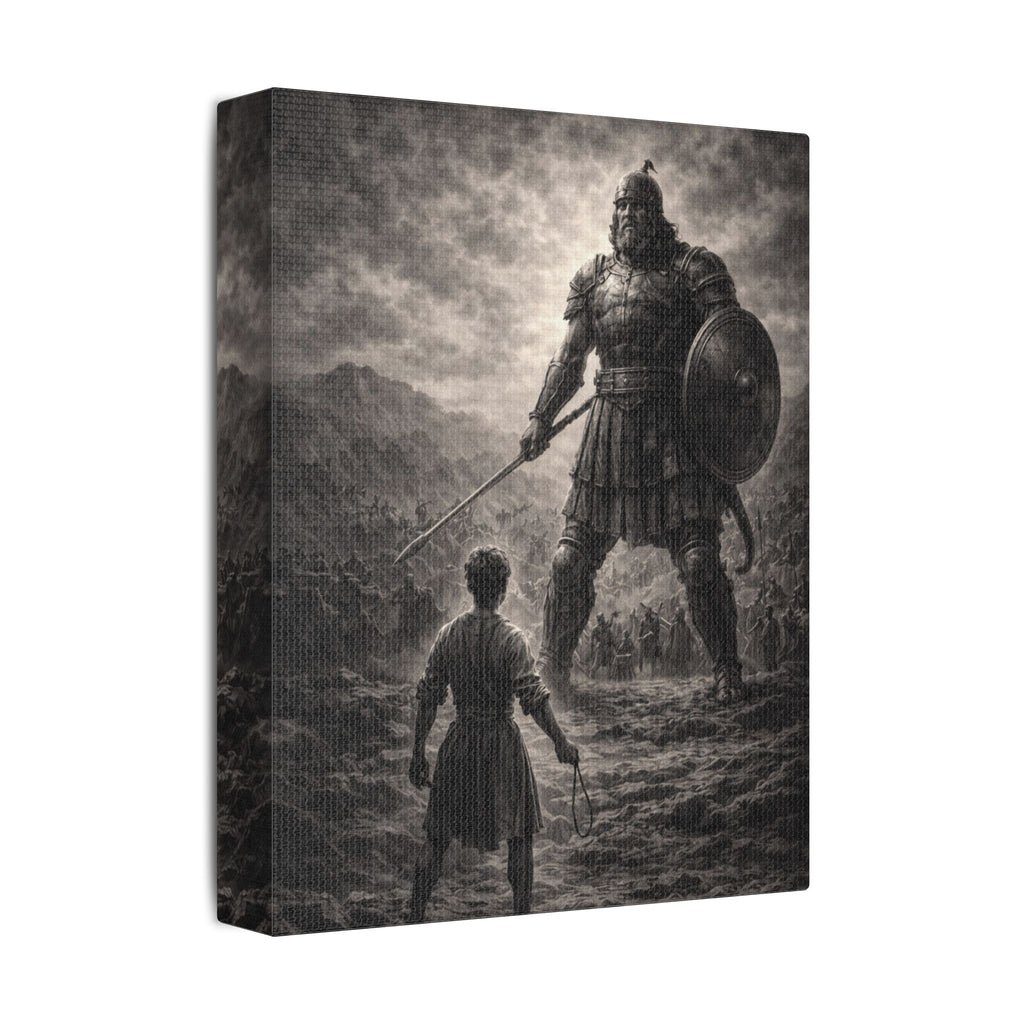 David vs Goliath Canvas — Monochrome Biblical Battle Wall Art