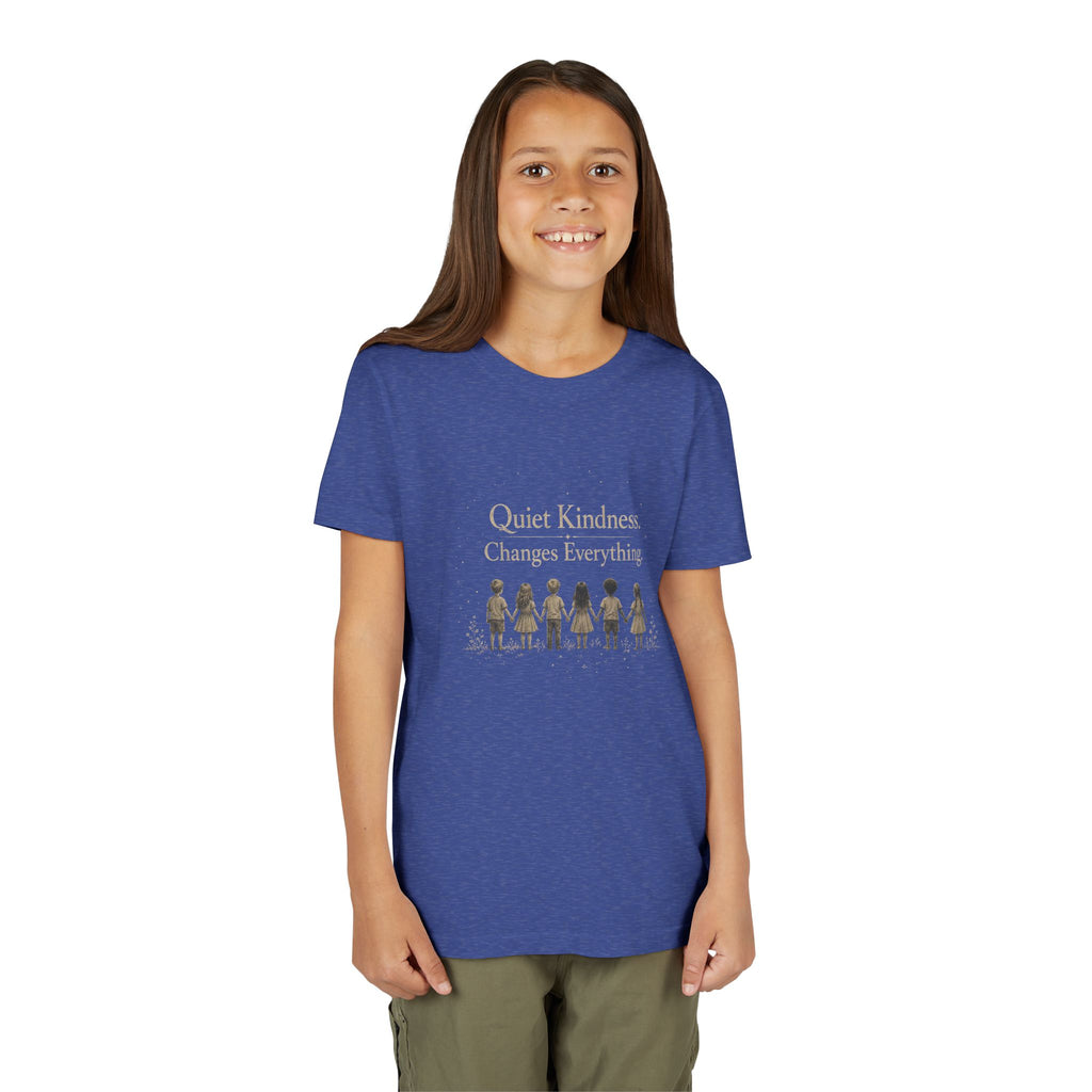 Youth “Quiet Kindness Changes Everything” Tee – Kids Inspirational T-Shirt with Earth & Friends Graphic