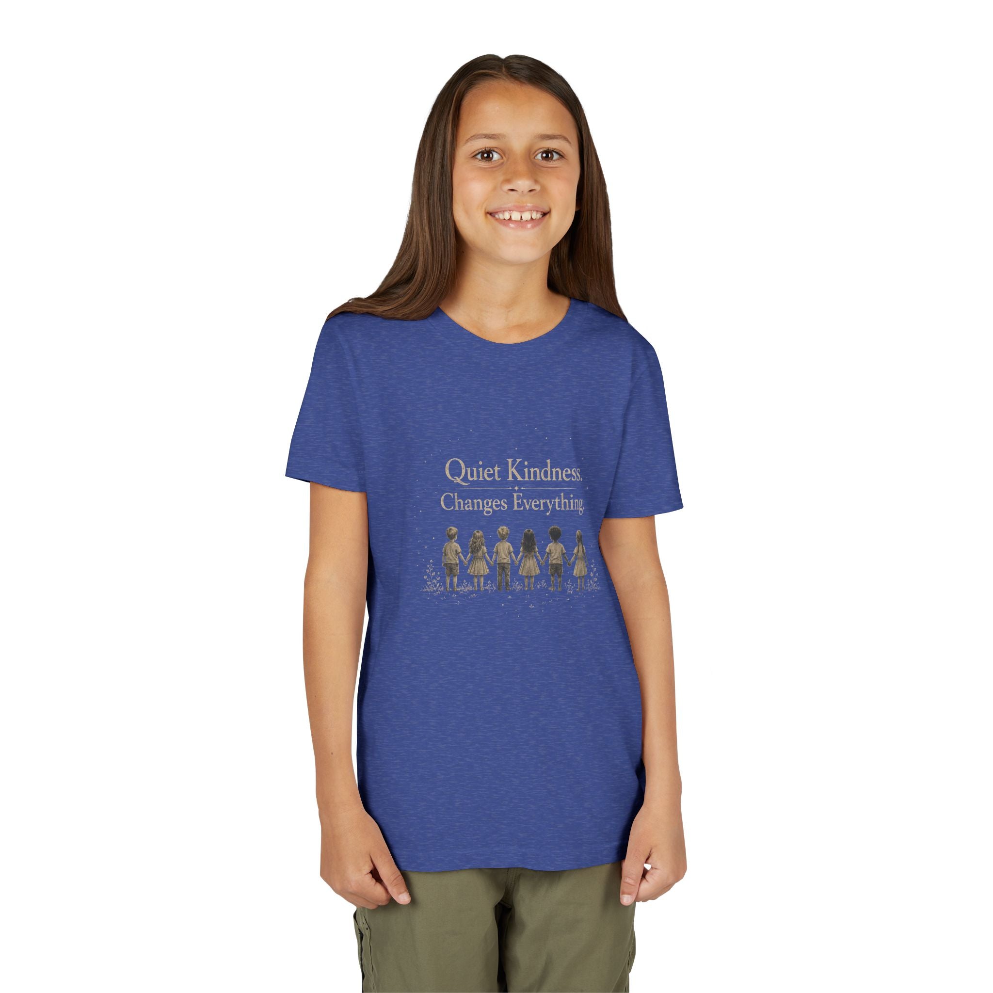 Youth “Quiet Kindness Changes Everything” Tee – Kids Inspirational T-Shirt with Earth & Friends Graphic