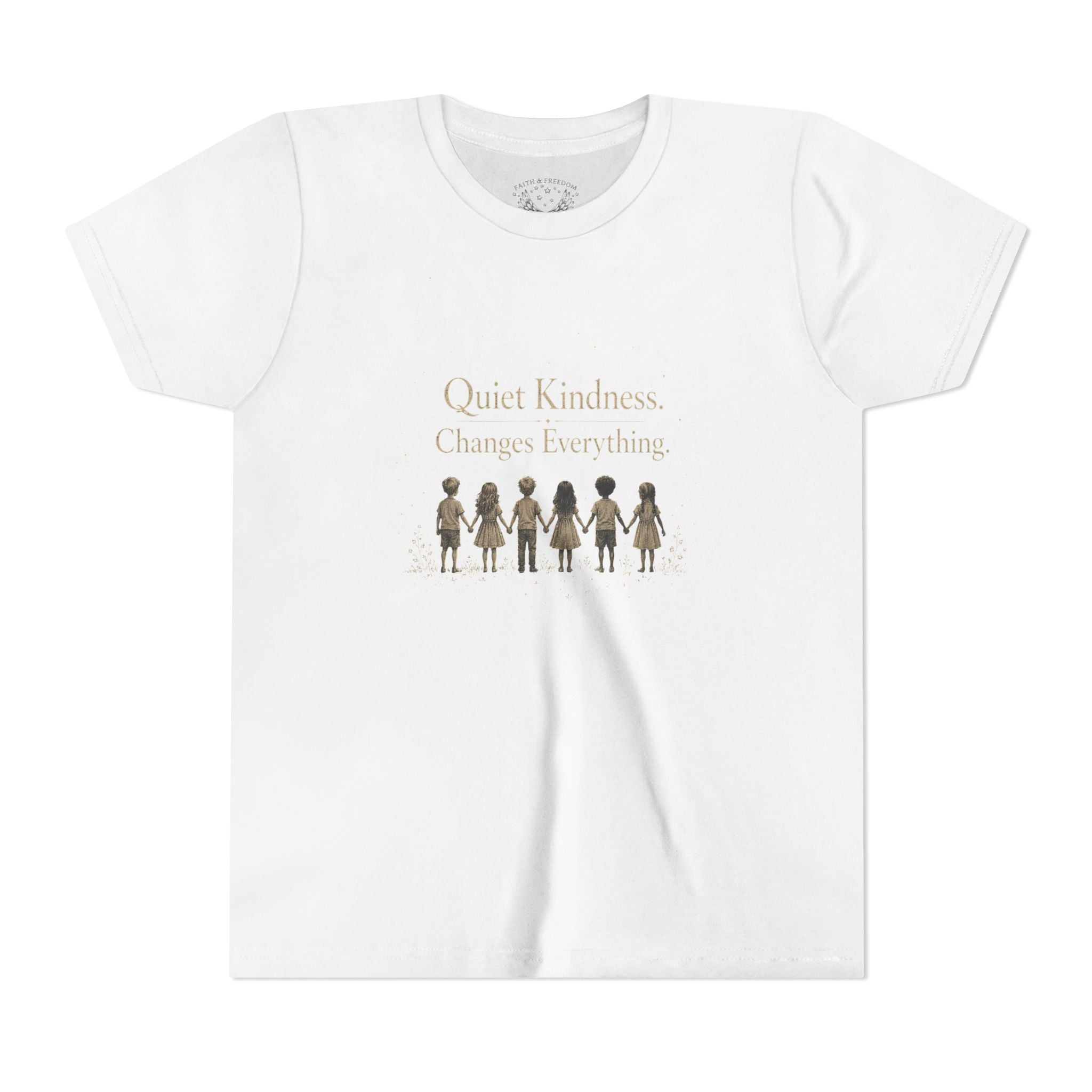 Youth “Quiet Kindness Changes Everything” Tee – Kids Inspirational T-Shirt with Earth & Friends Graphic
