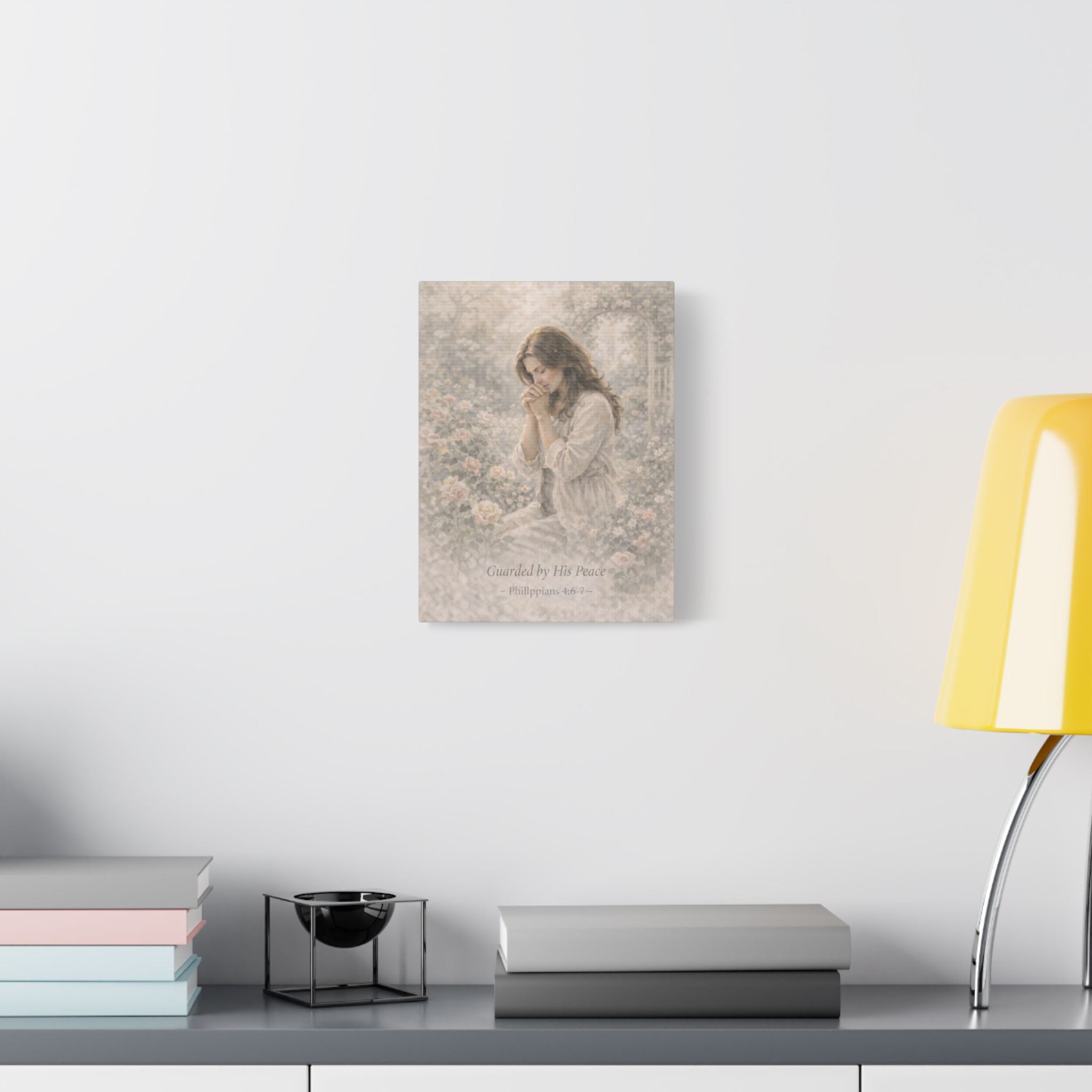 Guarded by His Peace Canvas Print – Prayer Girl Christian Wall Art | Faith Inspired Devotional Artwork