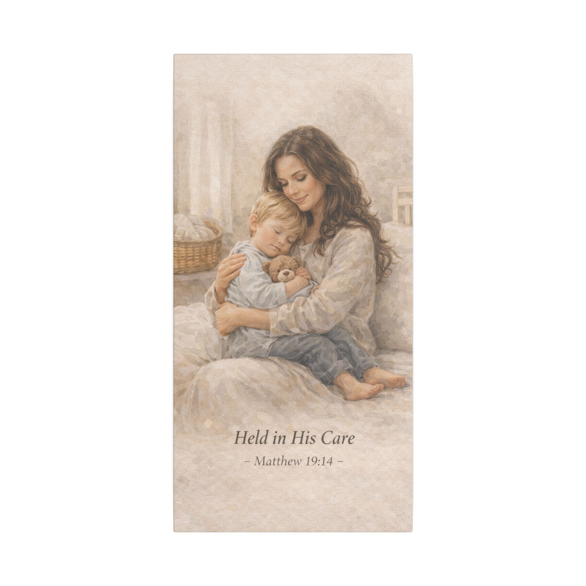 Held in His Care Canvas Wall Art – Matthew 19:14 Mother & Child