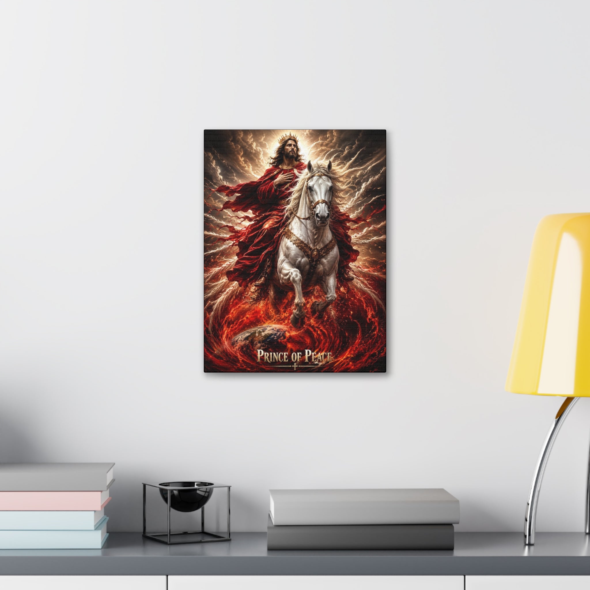 Christian canvas wall art featuring Jesus riding a white horse with peaceful radiant lighting and inspirational Prince of Peace imagery in gallery-style decor.