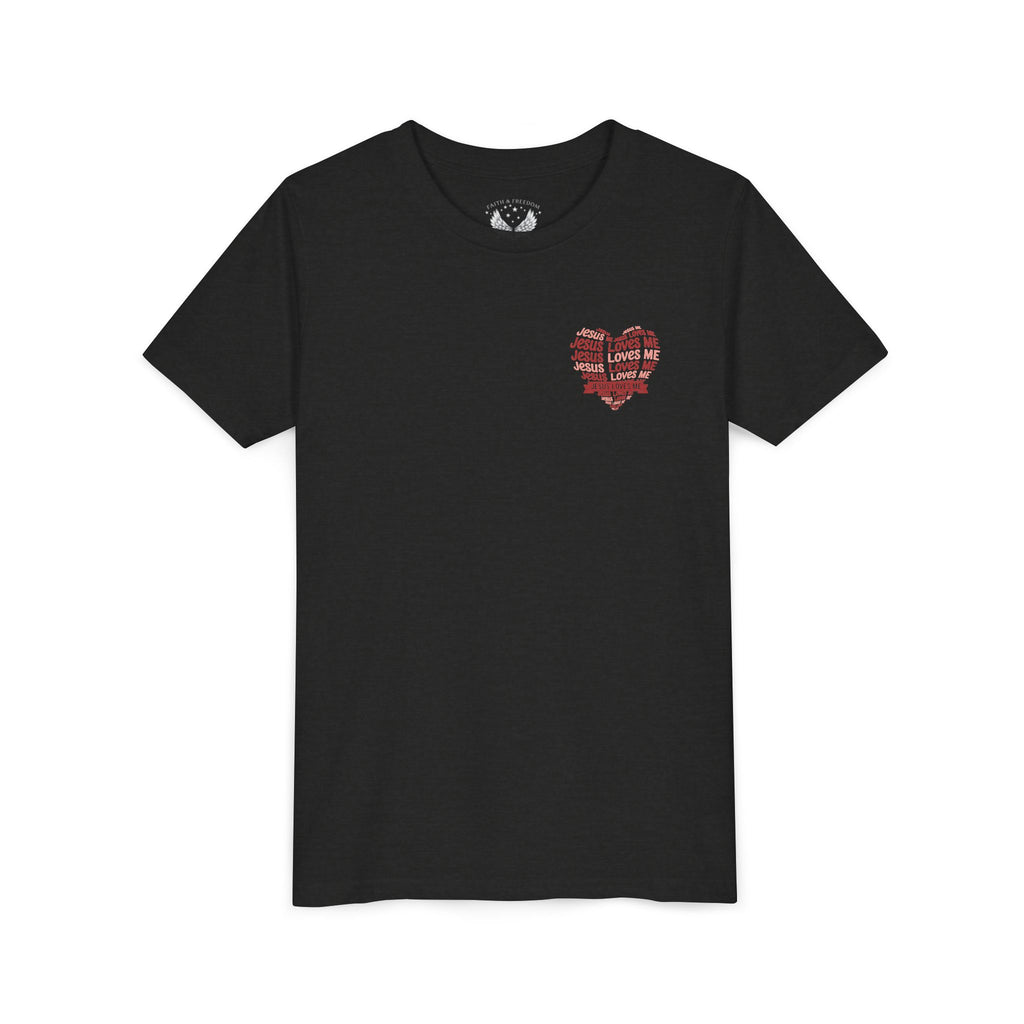 Jesus Loves Me Youth T-Shirt – Heart Word Cloud Christian Kids Tee | Faith Inspired Youth Shirt