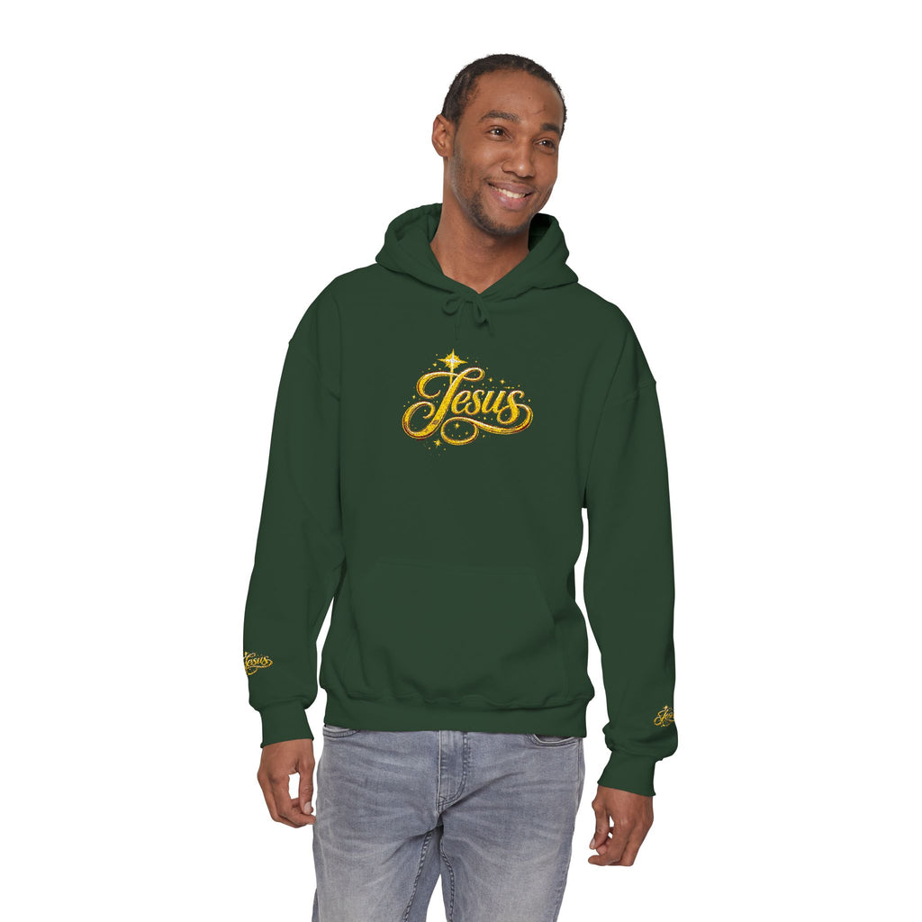 Jesus Gold Script Hoodie – Sparkle Christian Faith Pullover | Inspirational Hoodie