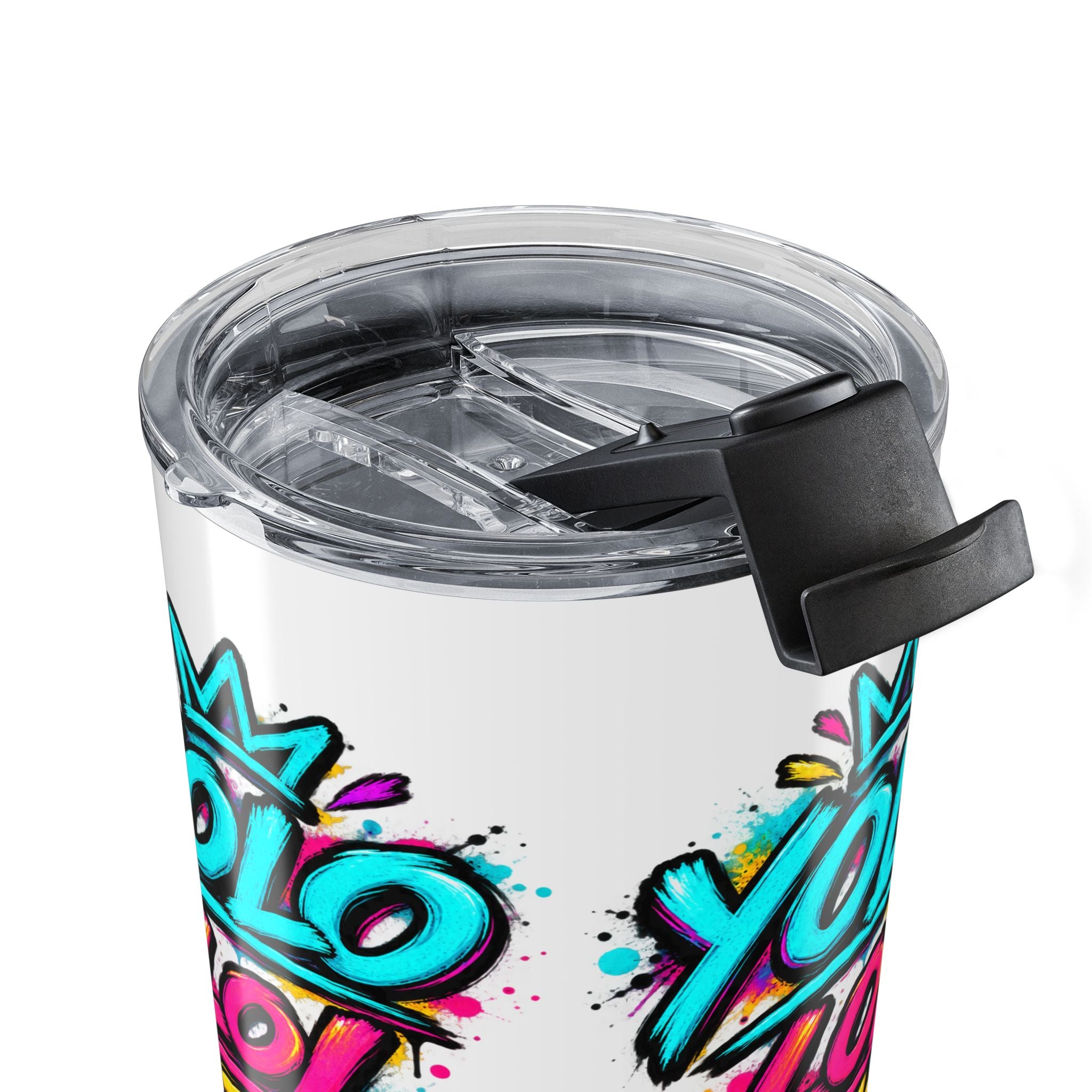 A close-up of a white insulated tumbler with a clear lid and black flip straw cover, decorated with colorful graffiti-style lettering in turquoise, pink, yellow, and black.