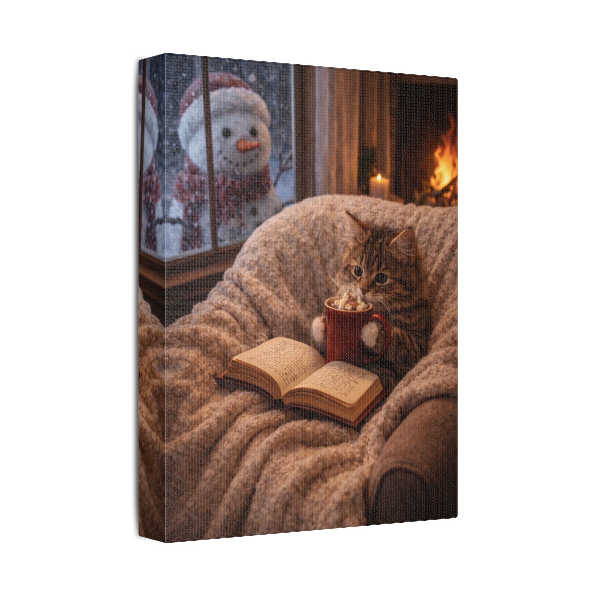 Winter Cat with Mug & Book Canvas — Cozy Cat Wall Art