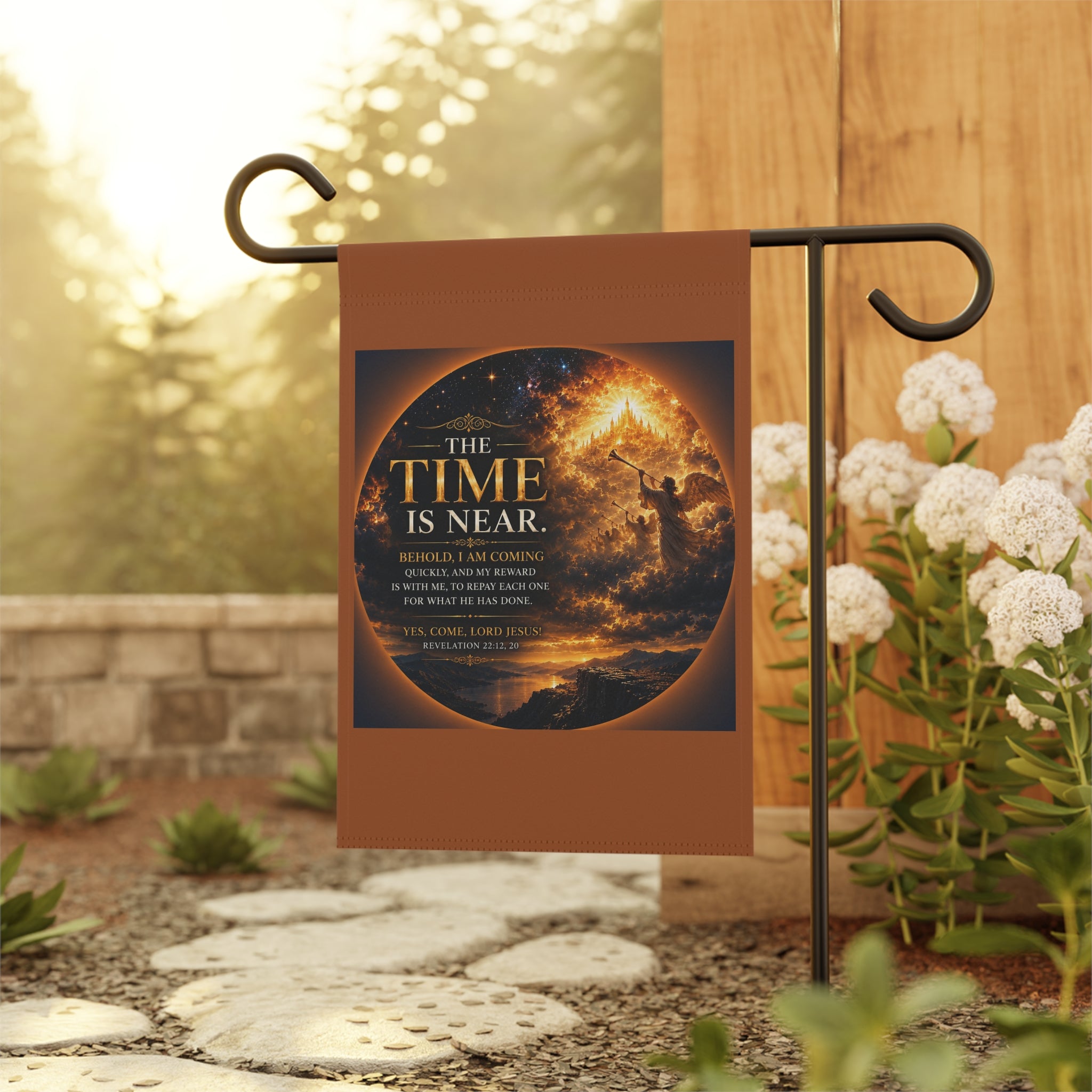Inspirational religious garden flag featuring glowing twilight clouds, warm amber skies, and the phrase “The Time Is Near” in peaceful celestial artwork.
