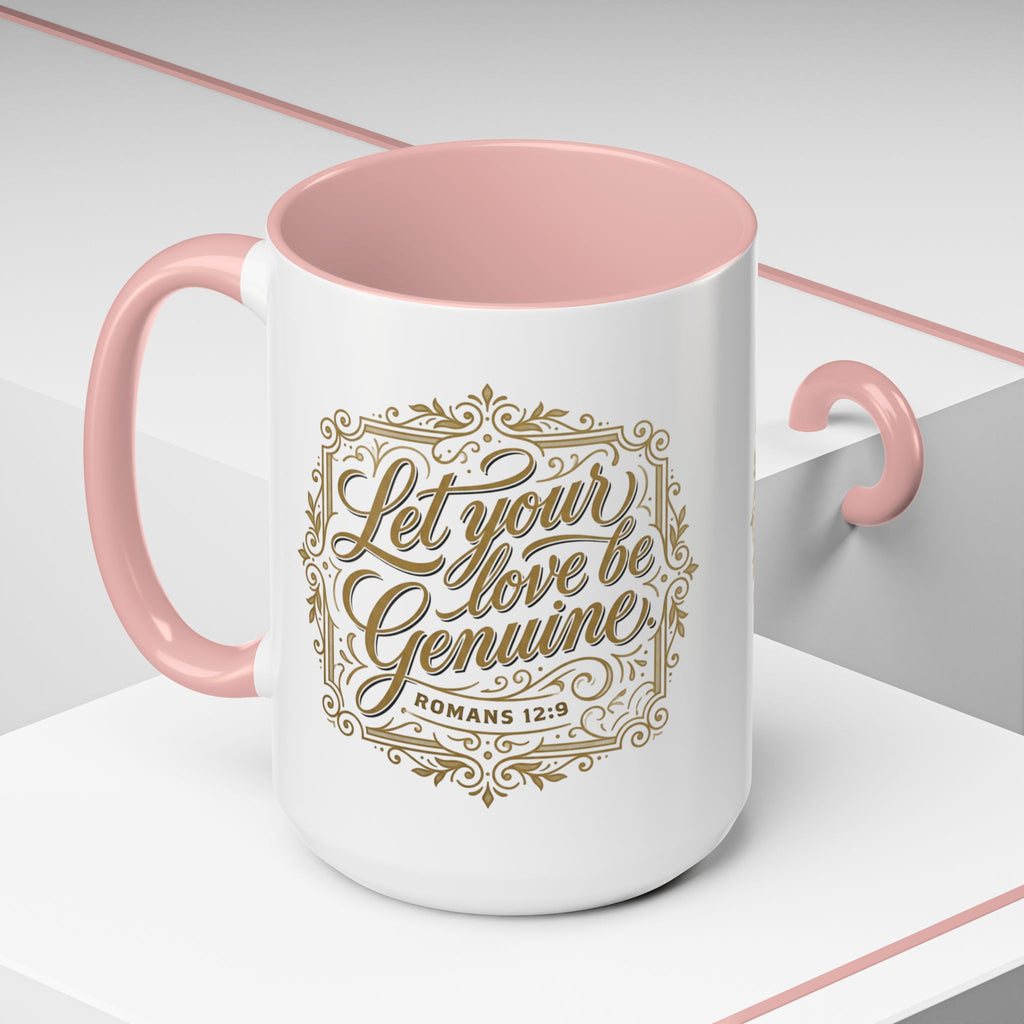 Inspirational ceramic accent coffee mug featuring Romans 12:9 and the message “Let Your Love Be Genuine” in elegant gold script with decorative flourishes and black accent handle and interior.