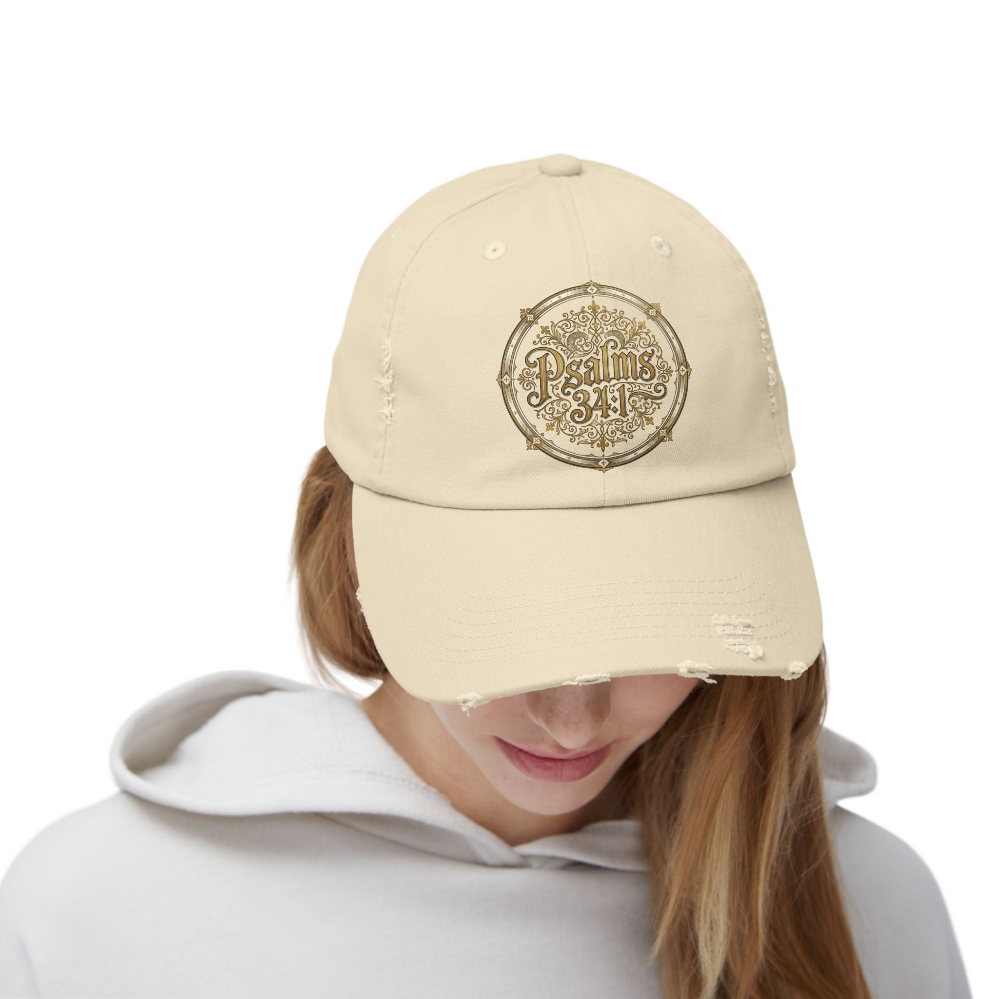 Distressed Black Cap – Psalm 23:1 Vintage Gold Emblem Hat | Faith & Freedom Creations