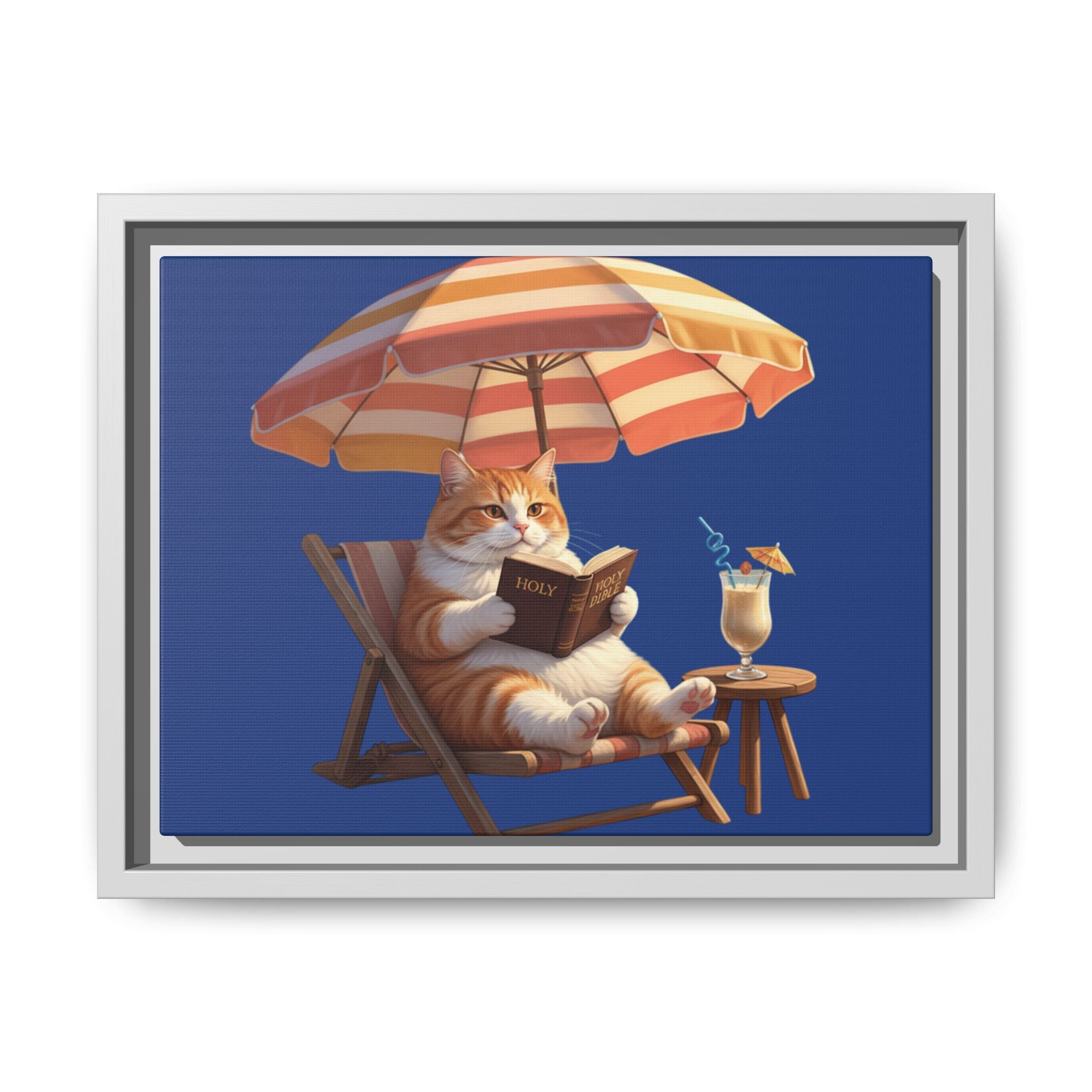 Relaxing Cat on Beach Chair Framed Canvas | Coastal Cat Wall Art
