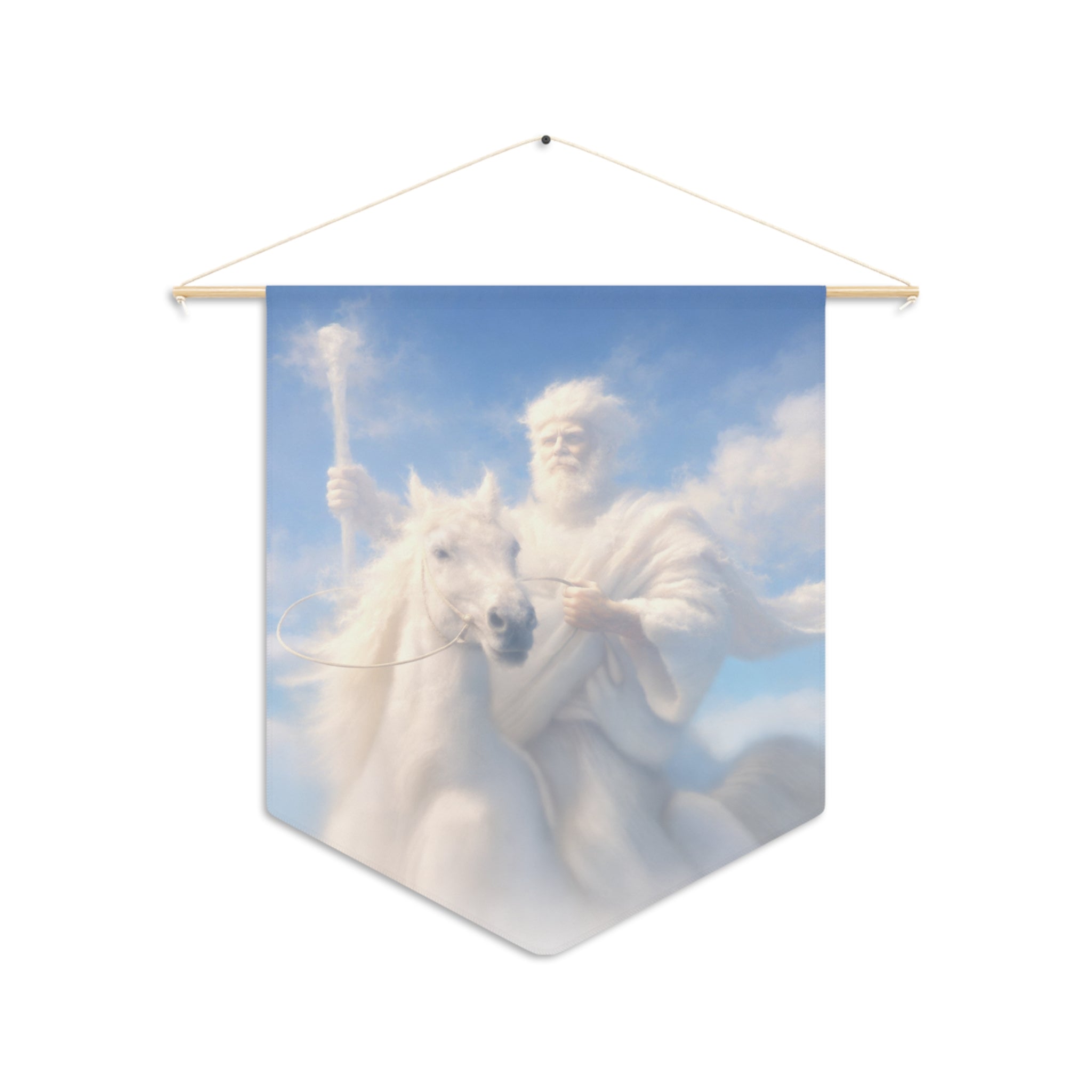 Inspirational Christian pennant featuring Jesus riding a white horse beneath glowing skies with rustic farmhouse-style devotional artwork.