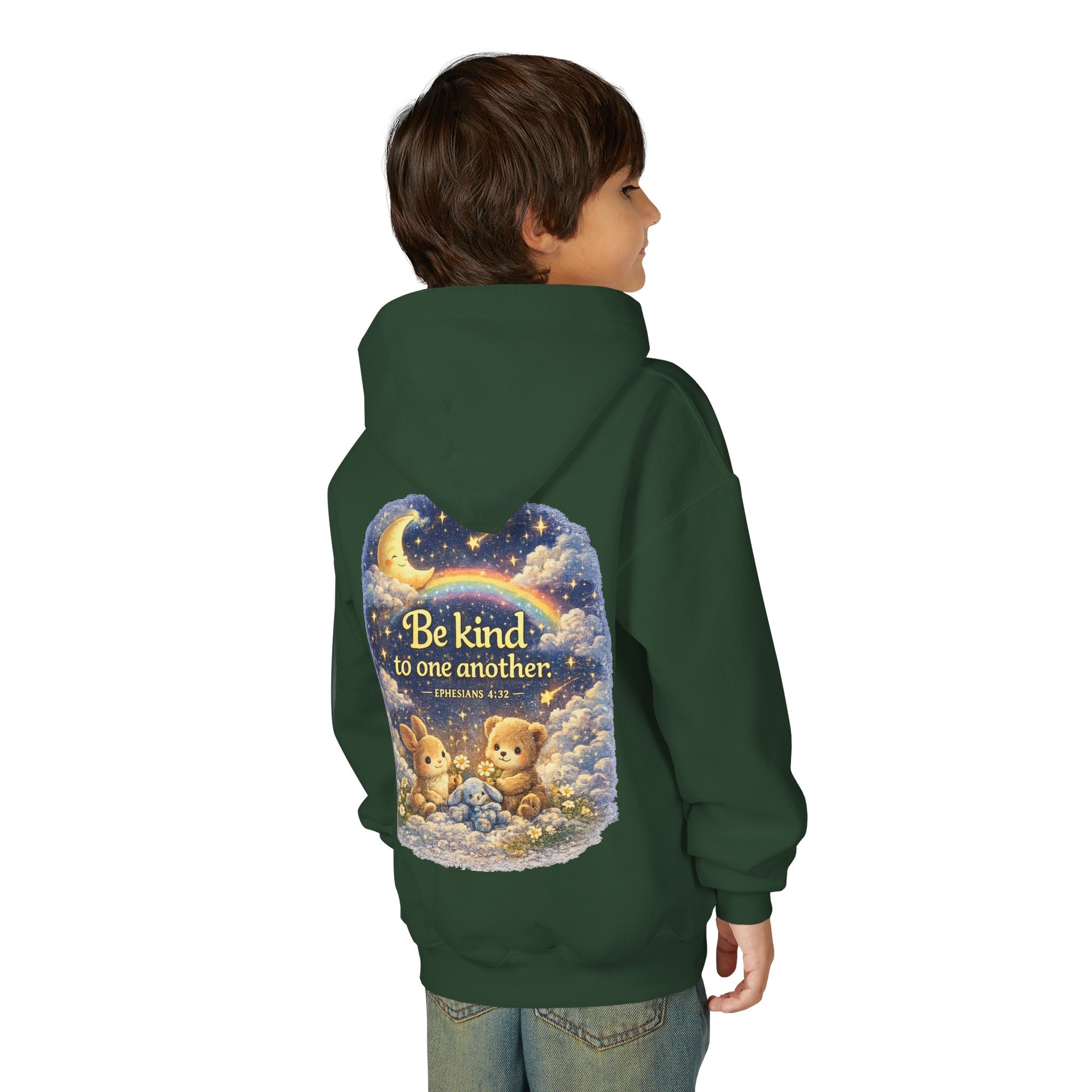 Youth “Be Kind to One Another” Hoodie – Cute Bunny Night Sky Scripture Sweatshirt