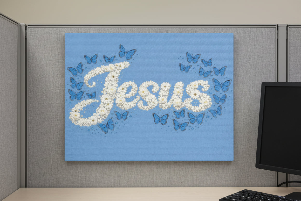 Jesus Floral Blue Butterfly Canvas Wall Art – Christian Satin Faith Print | Inspirational Home Decor