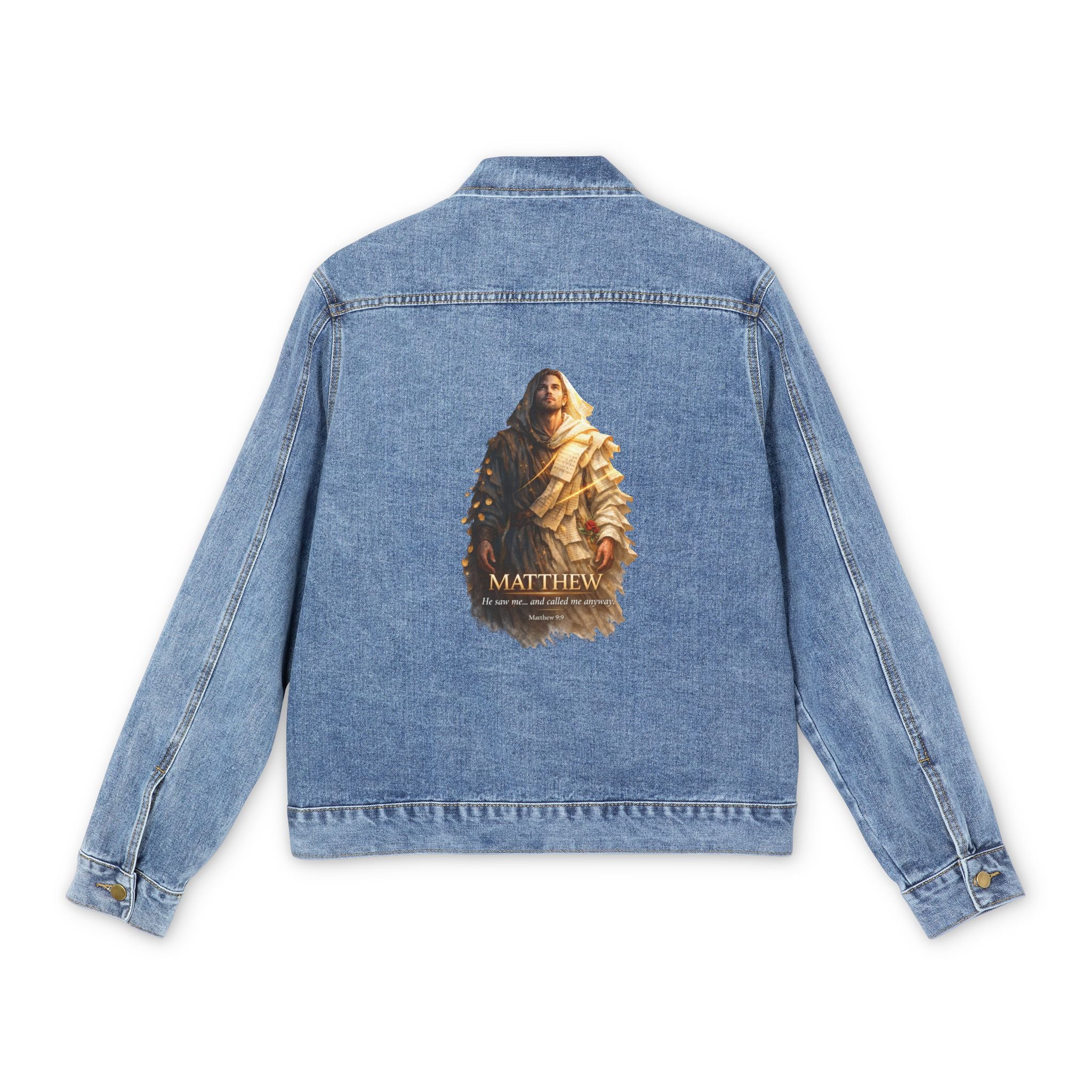 Denim Jacket - "Matthew" Religious Portrait Back Print, Inspirational Christian Outerwear