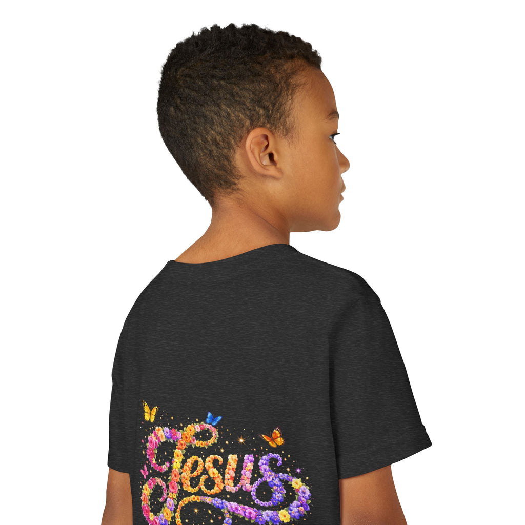 Youth Jesus Floral Script T-Shirt – Butterfly Christian Kids Tee | Faith Youth Shirt