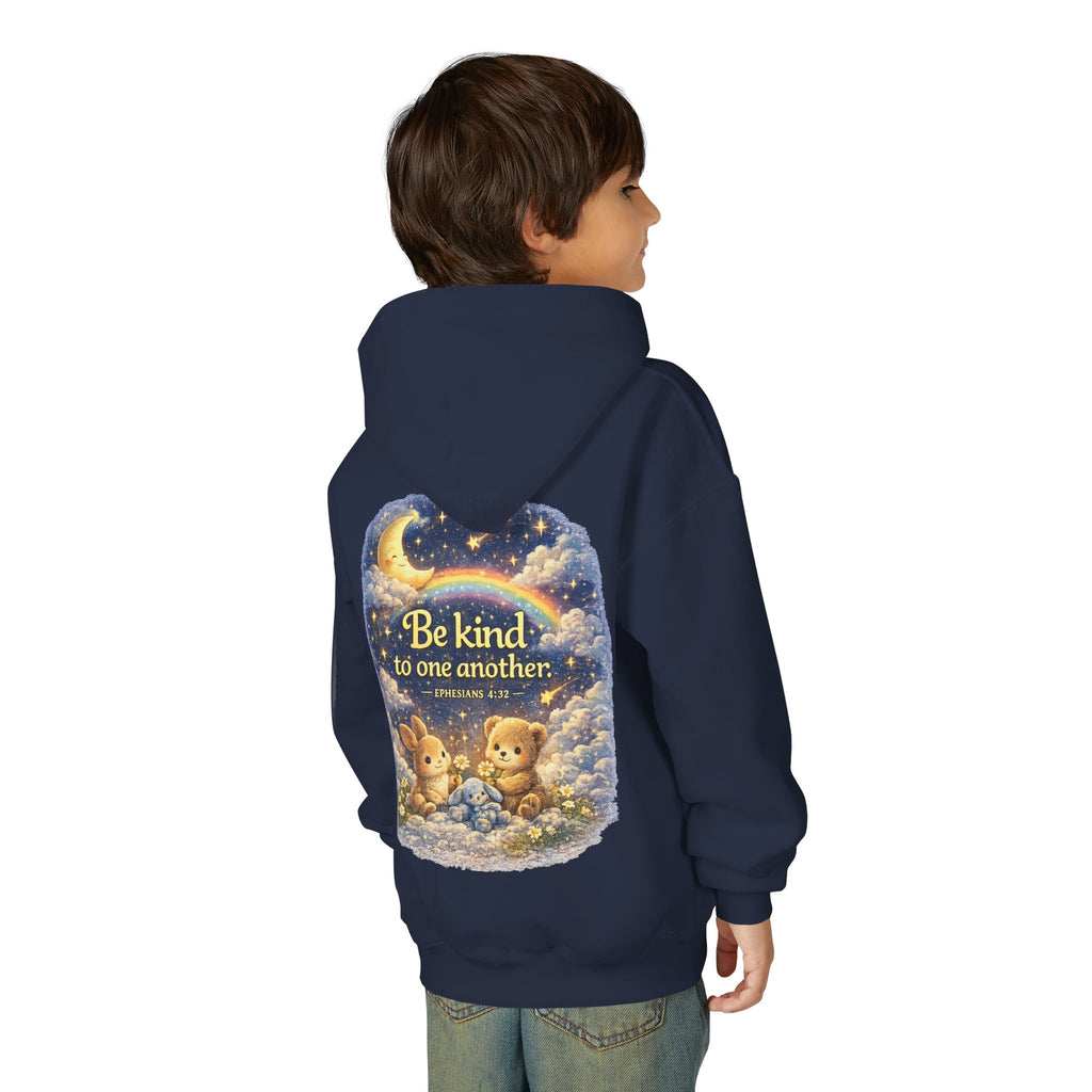 Youth “Be Kind to One Another” Hoodie – Cute Bunny Night Sky Scripture Sweatshirt