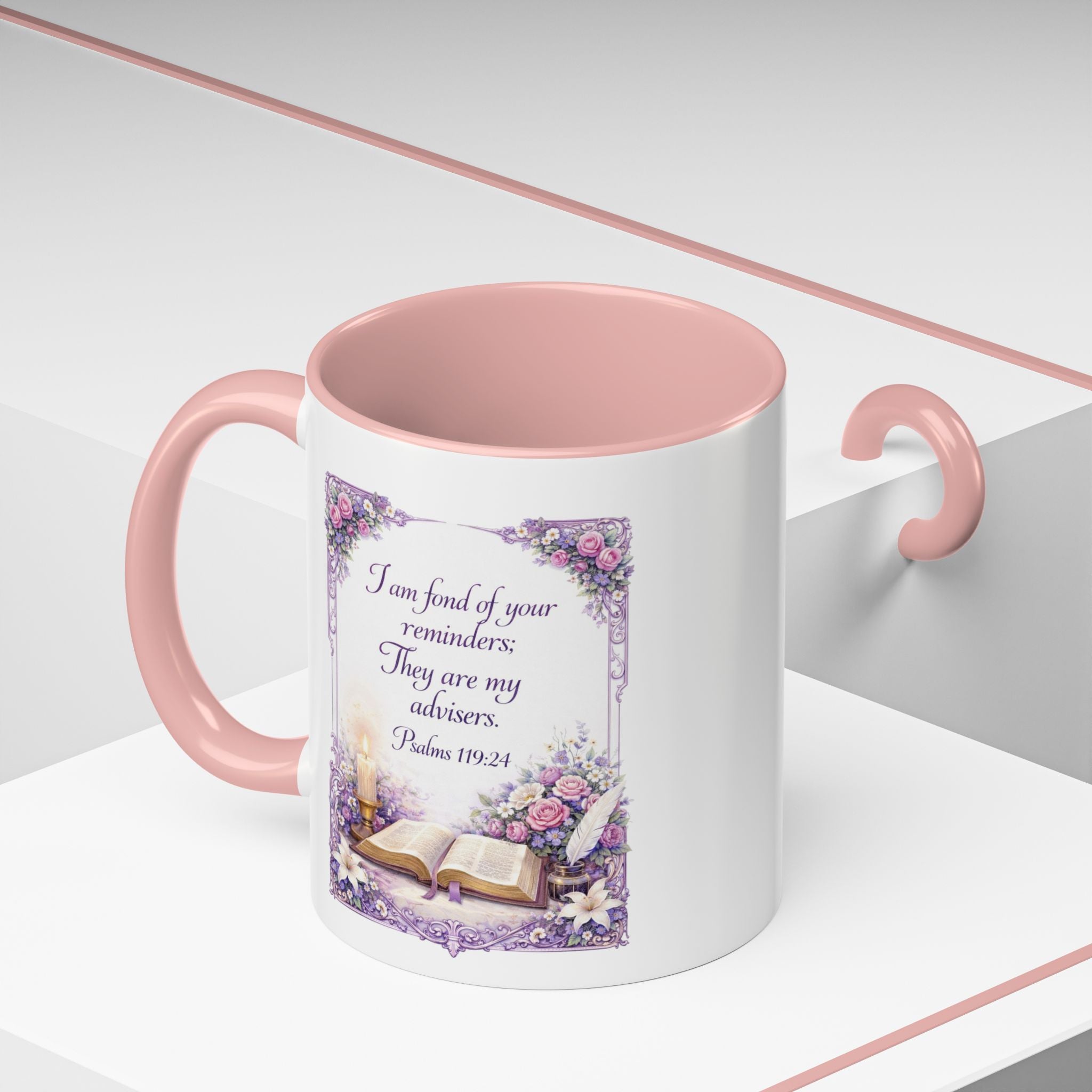 Inspirational Christian ceramic accent coffee mug featuring Psalm 119:24, delicate floral artwork, and the message “I am fond of your reminders” with colorful handle and interior accents.