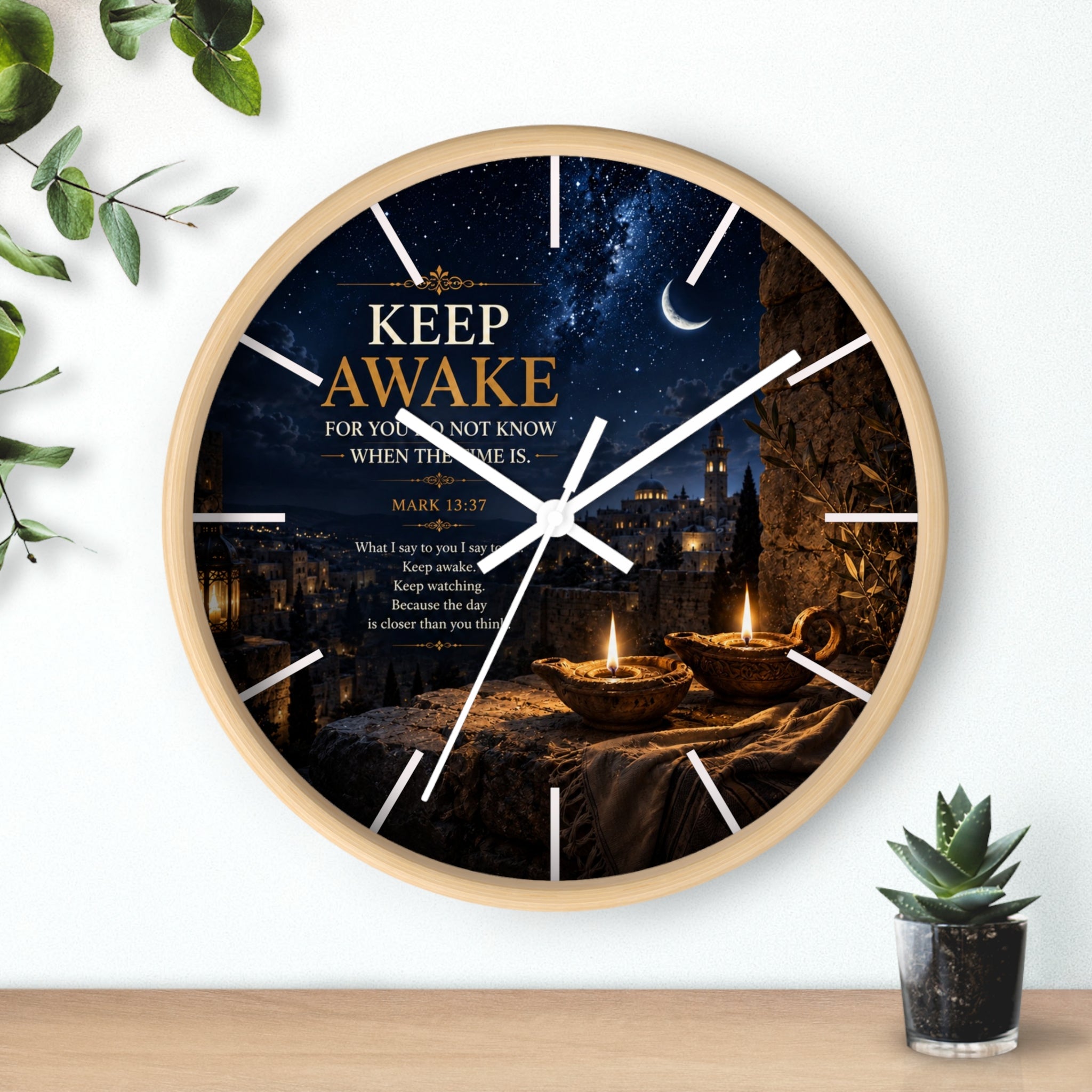 Keep Awake Wall Clock | Mark 13:37 Christian Nightscape Clock | Inspirational Faith Decor