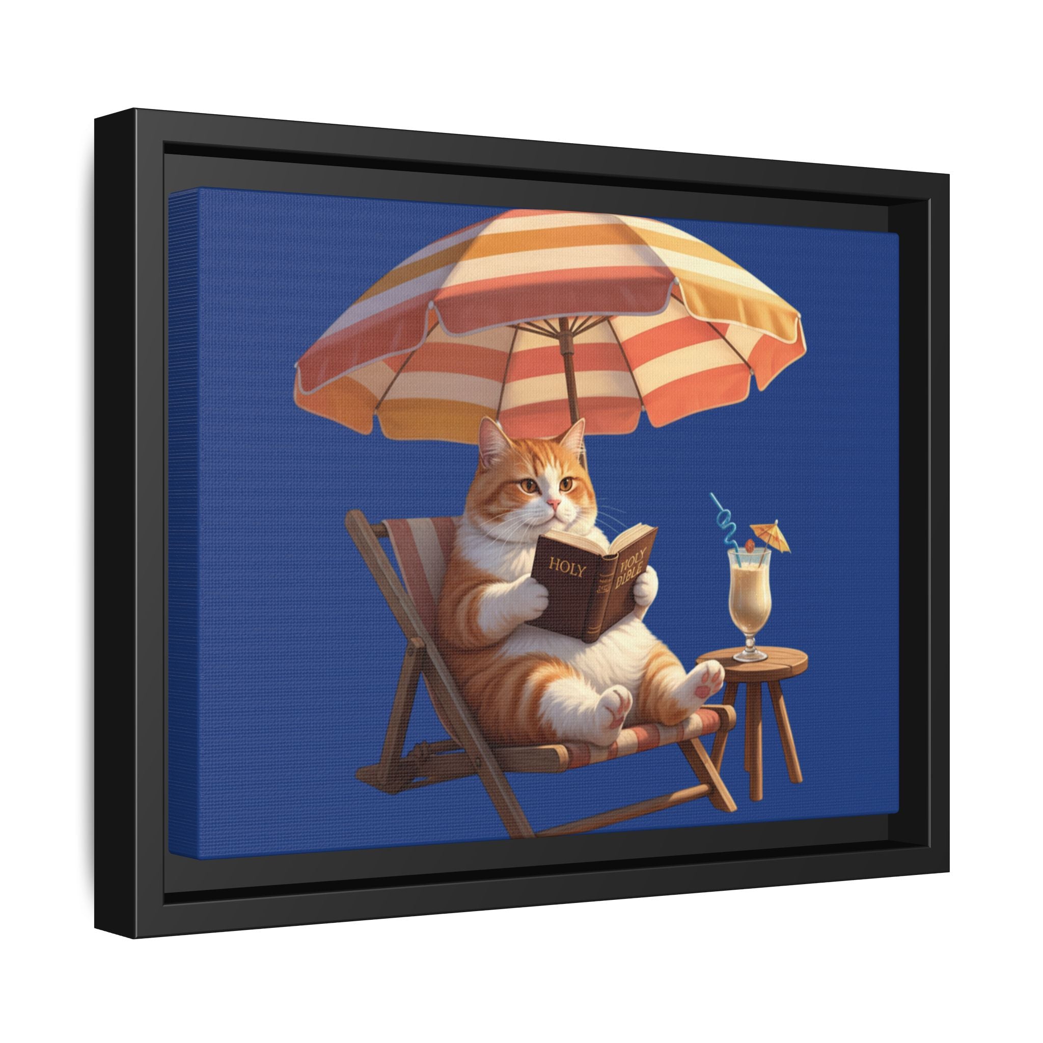 Relaxing Cat on Beach Chair Framed Canvas | Coastal Cat Wall Art