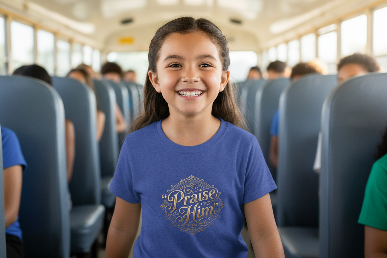 Youth Christian t-shirt featuring the phrase “Praise Him Psalms 34:1” on a soft lightweight tee designed for faith-inspired everyday wear.
