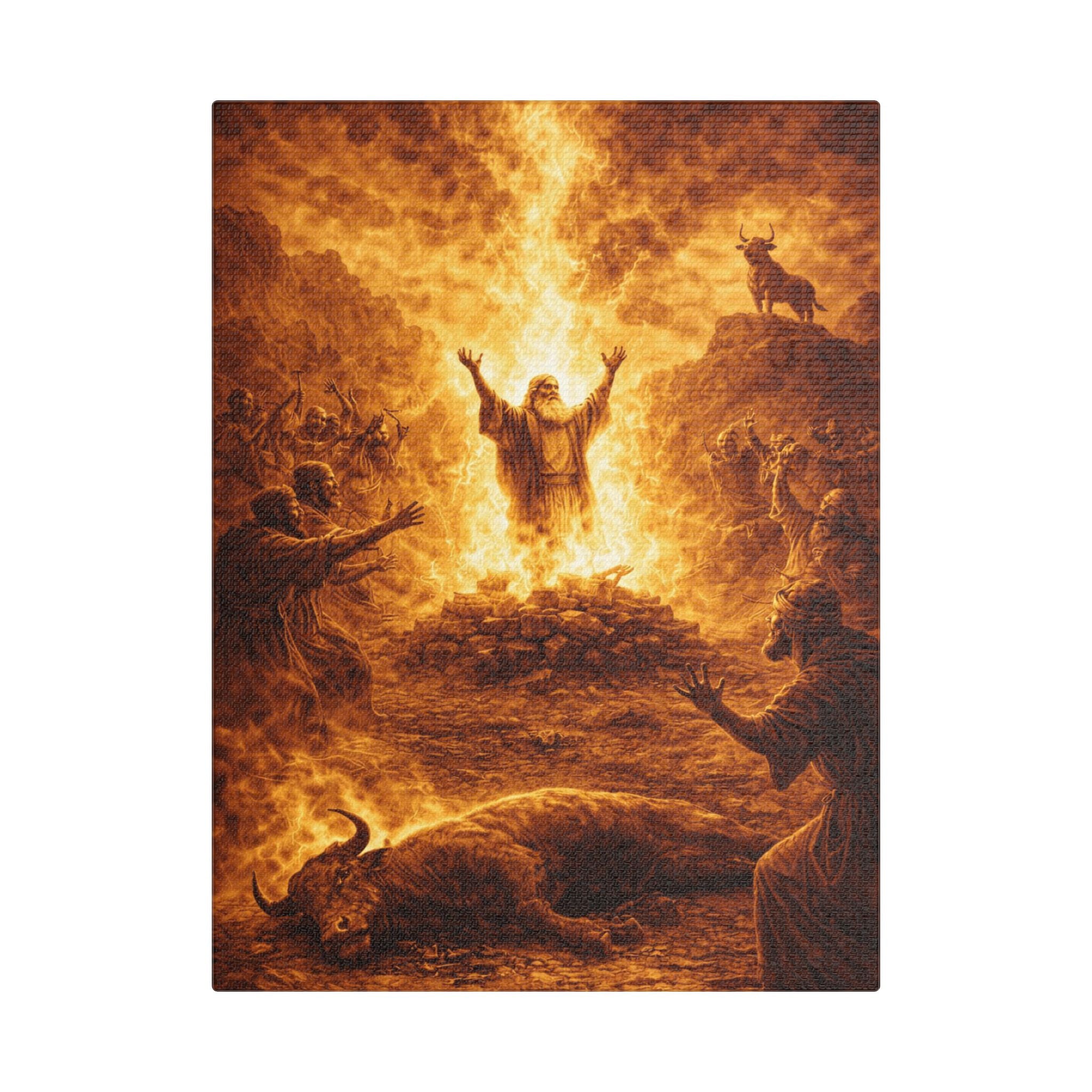 Revival Satin Canvas Wall Art — "Elijah Calls Down Fire" Stretched Spiritual Print