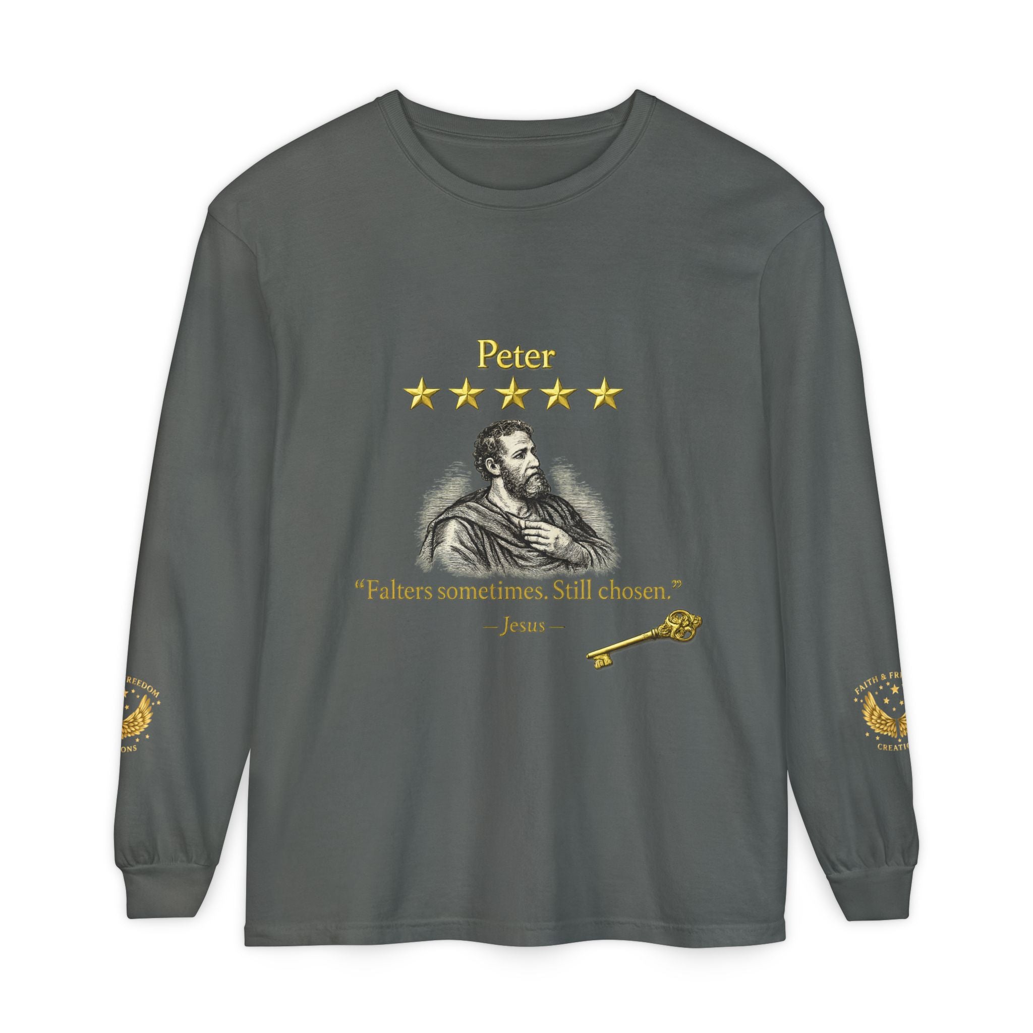 Peter Scripture Long Sleeve T-Shirt — "Falters sometimes. Still chosen." Review by Jesus