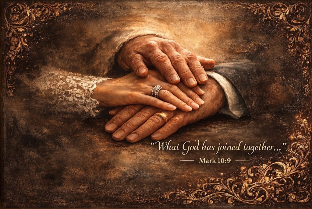 Framed artwork of clasped hands with decorative border and text on a brown background