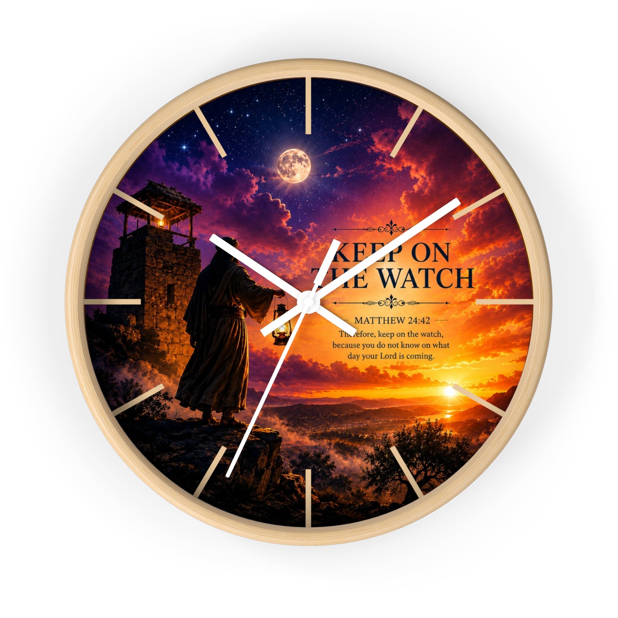 Inspirational Christian wall clock featuring a lone watchman beneath dramatic sunset skies with Matthew 24:42 scripture and rich orange and purple twilight tones.