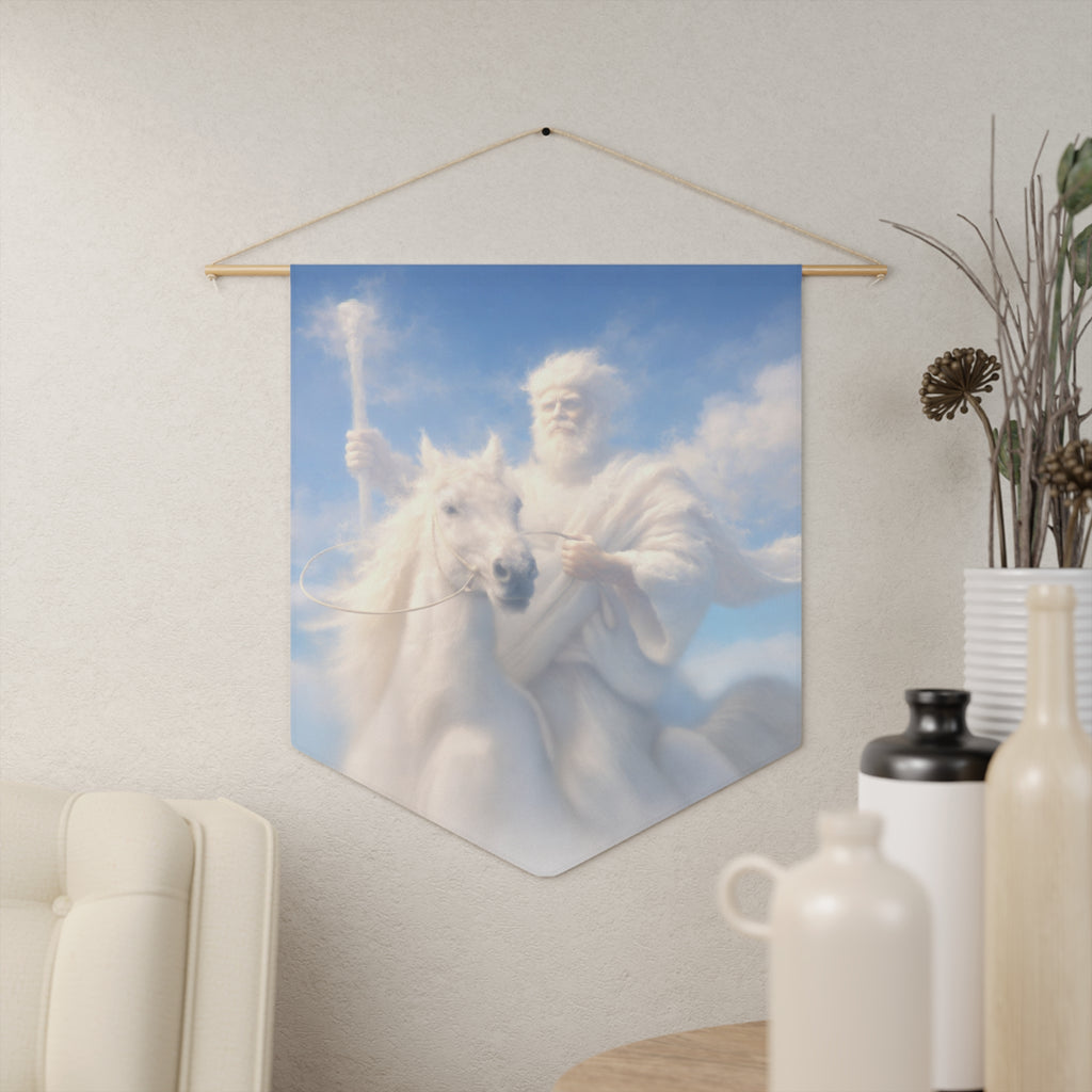 Inspirational Christian pennant featuring Jesus riding a white horse beneath glowing skies with rustic farmhouse-style devotional artwork.