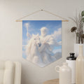 Inspirational Christian pennant featuring Jesus riding a white horse beneath glowing skies with rustic farmhouse-style devotional artwork.