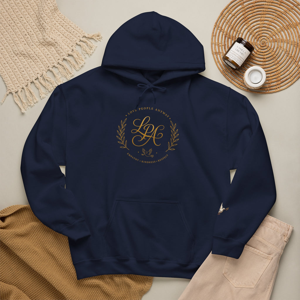 Inspirational Christian hoodie featuring elegant “Love People Anyway” script typography on a soft, cozy hooded sweatshirt designed to encourage kindness and compassion.